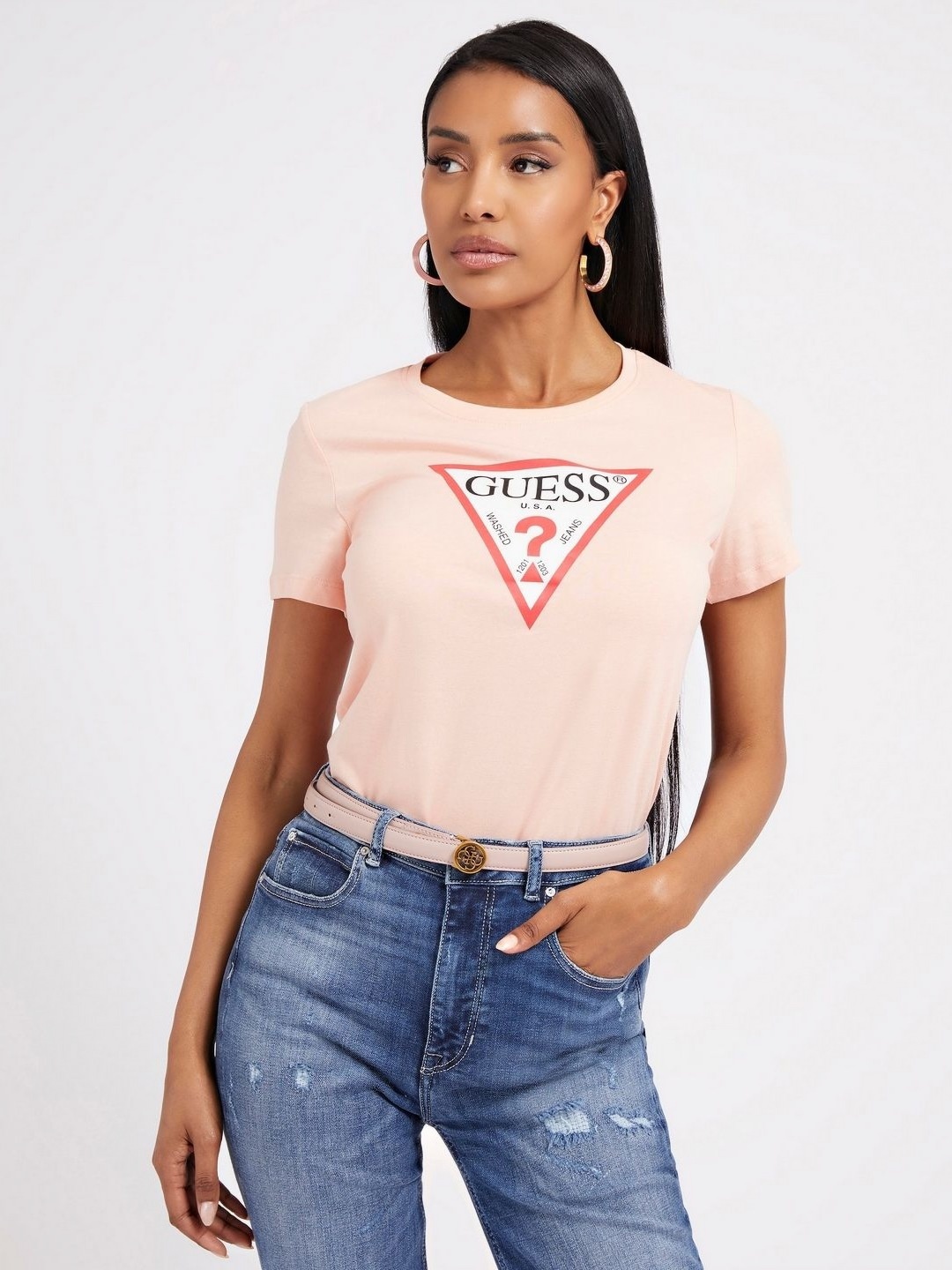 

GUESS Women Typography Printed Pure Cotton Applique Slim Fit T-shirt, Peach