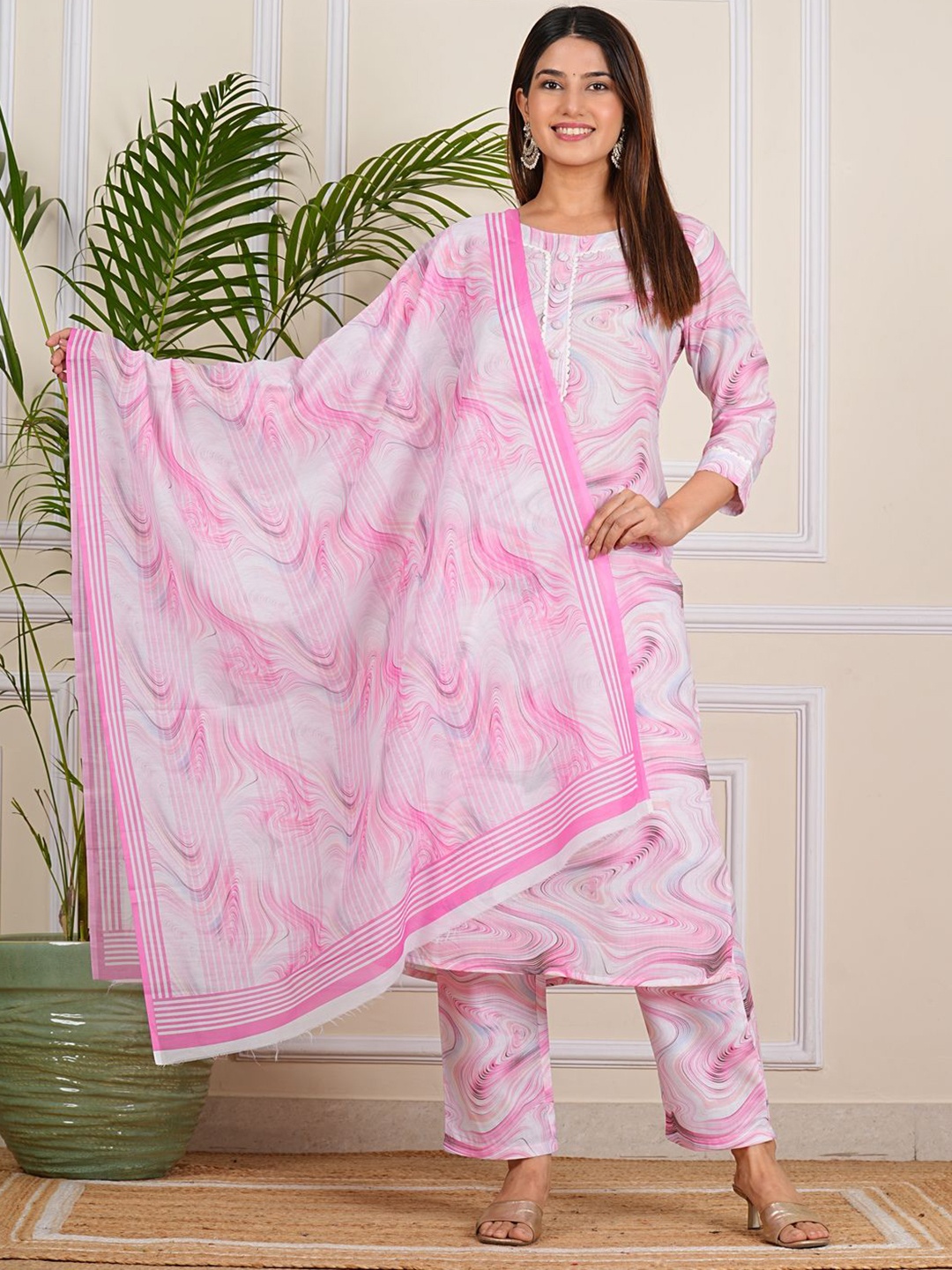 

Aarti Fashion Women Ethnic Motifs Printed Regular Pure Cotton Kurta with Trousers & With Dupatta, Pink