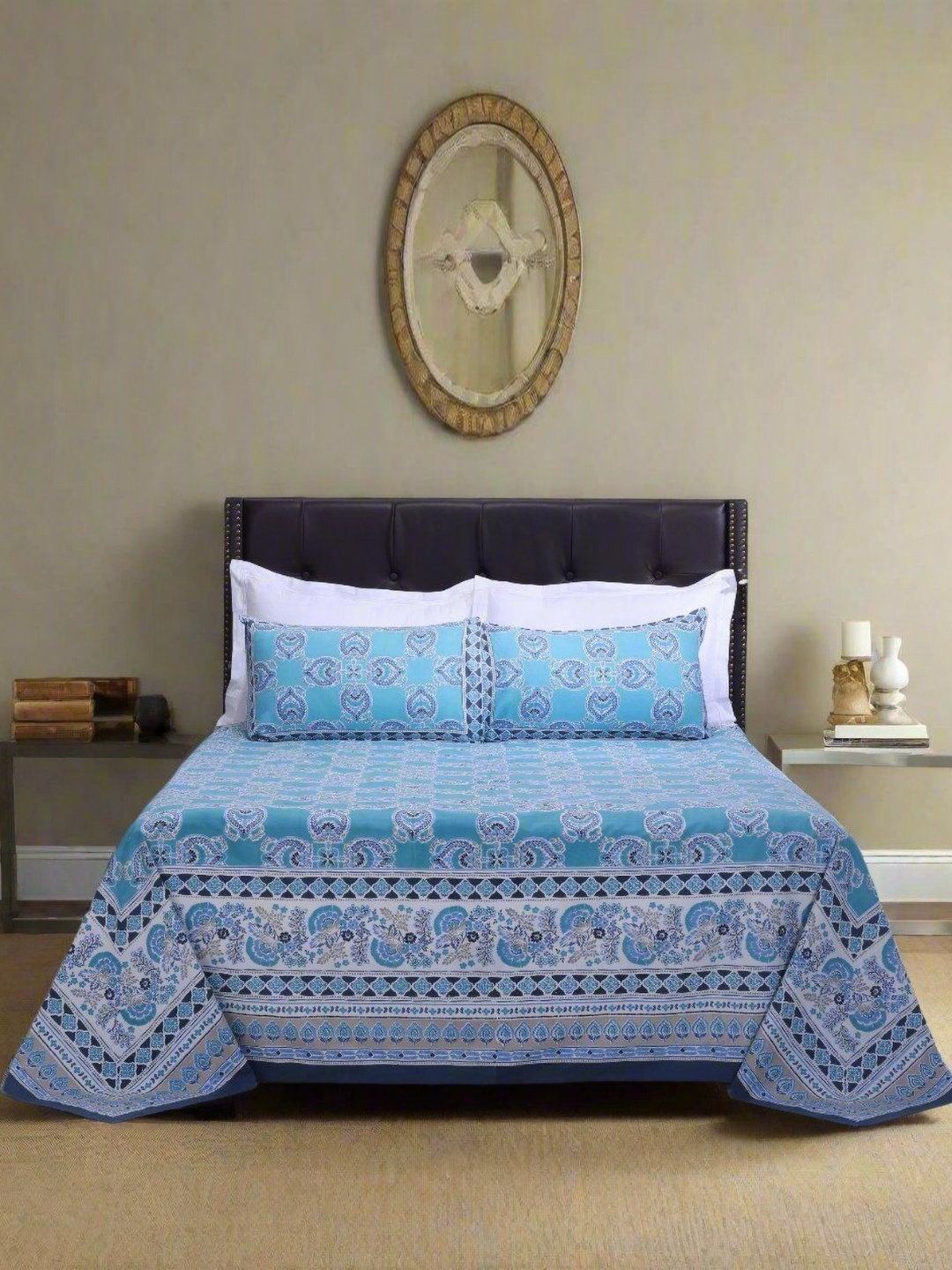 

SHAHENAZ Teal & White Ethnic Motifs 120 TC King Bedsheet with 2 Pillow Covers