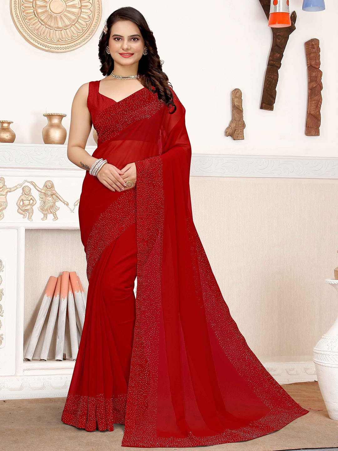 

Zeekha Beads and Stones Poly Georgette Saree, Red