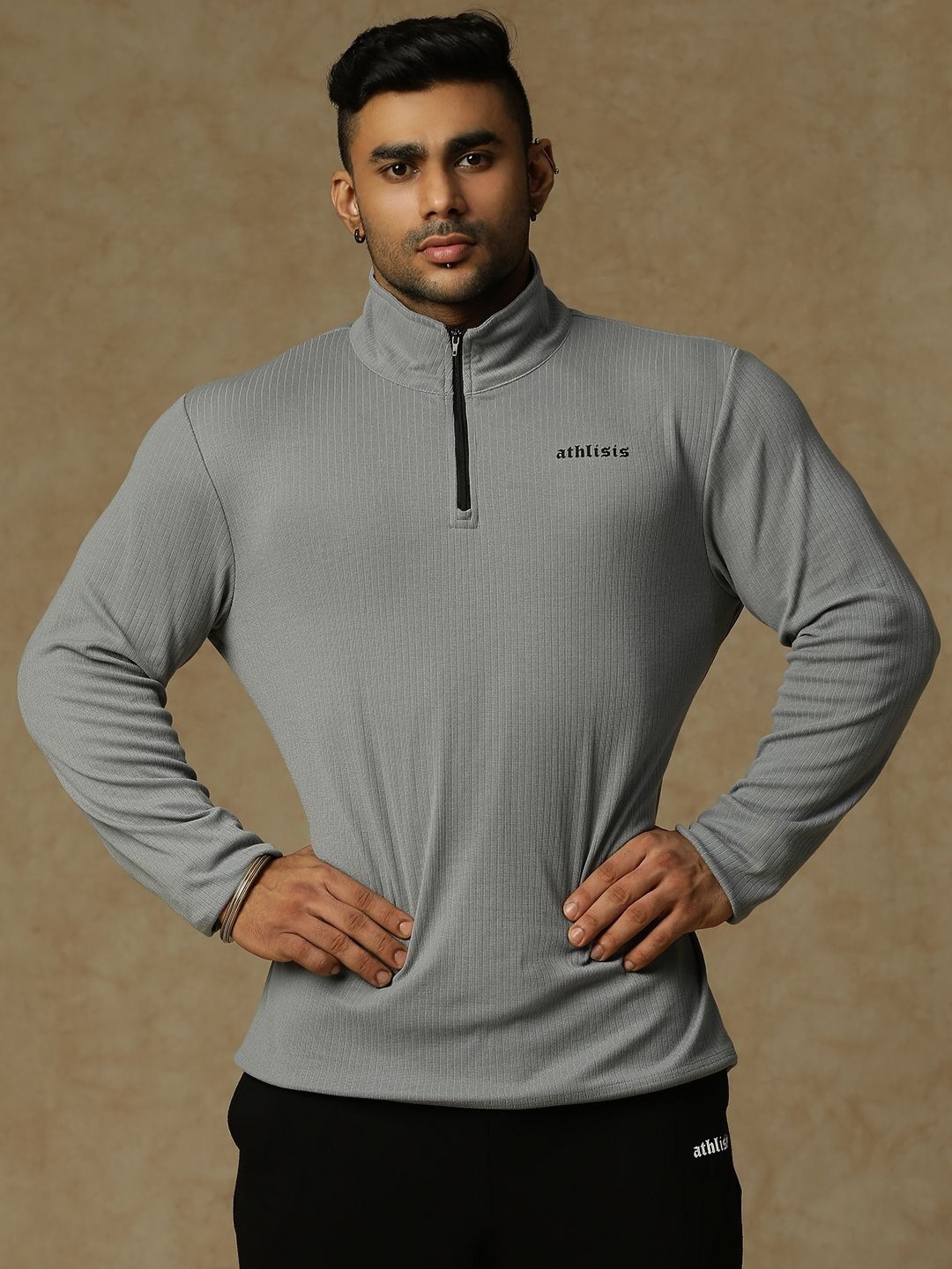 

ATHLISIS Men Mandarin Collar Dri-FIT Applique Slim Fit T-shirt, Grey