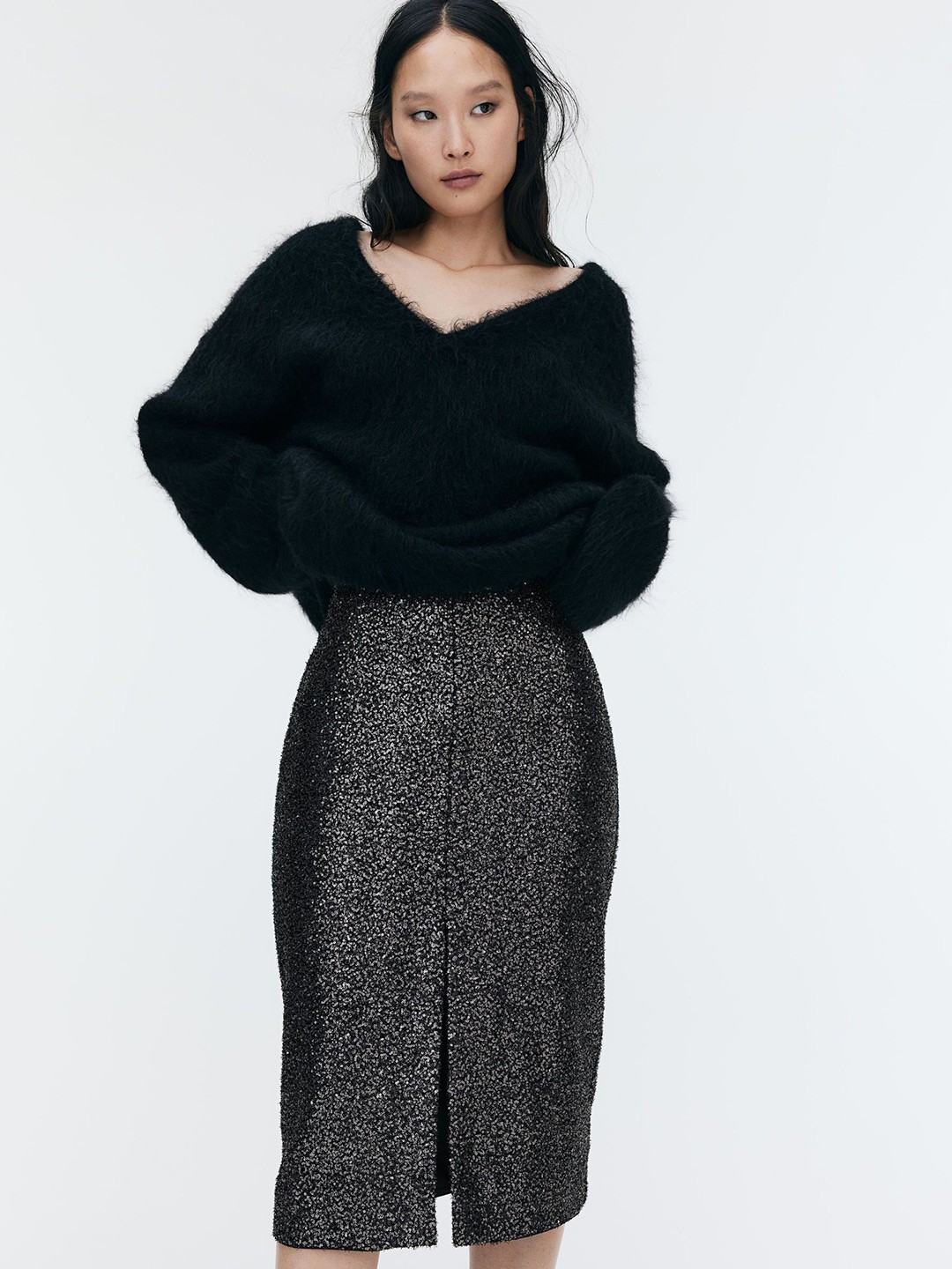 

H&M Women Sequined Midi Skirt, Black