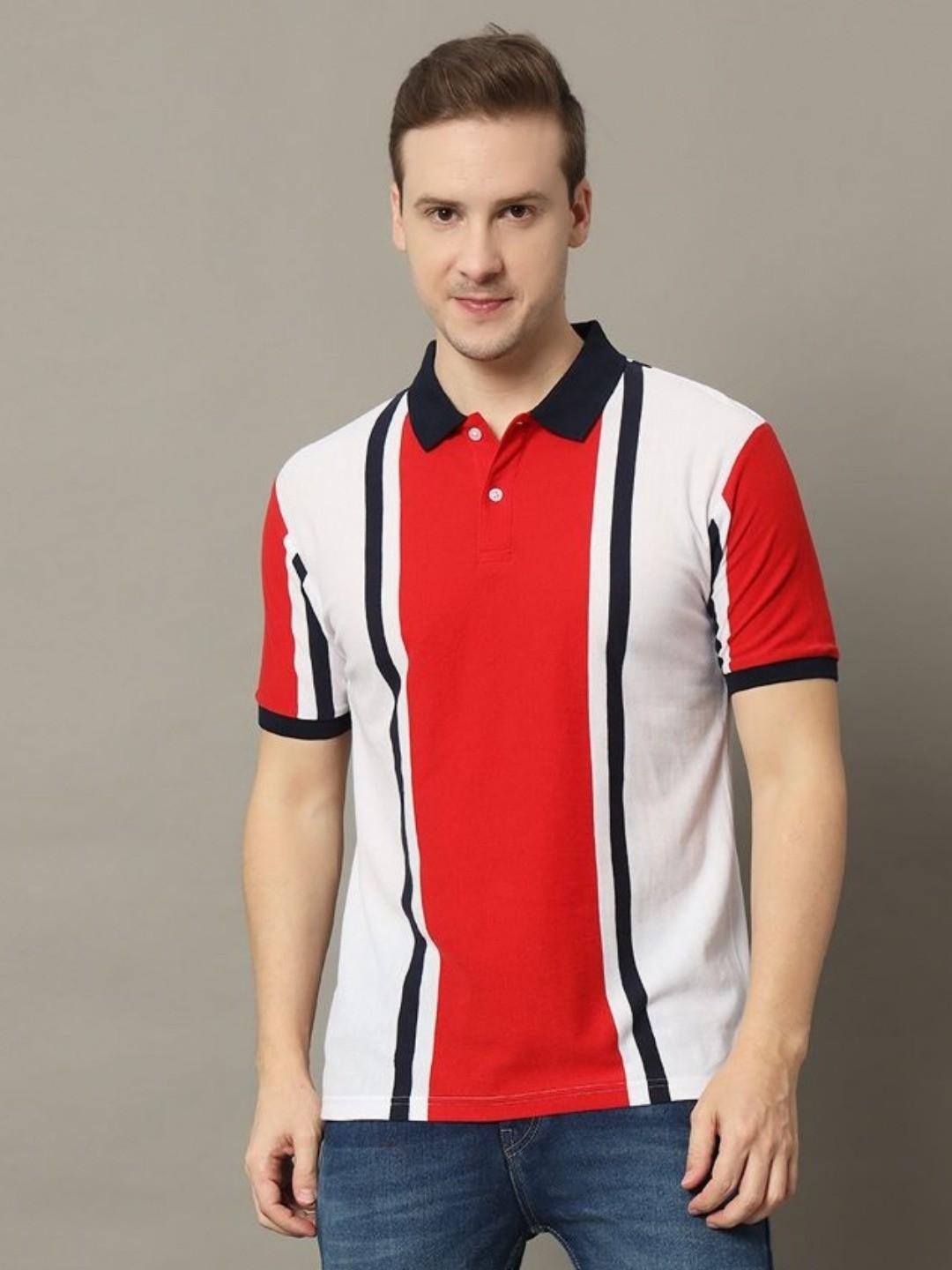 

GET GOLF Men Striped Polo Collar Cotton T-shirt, Navy blue