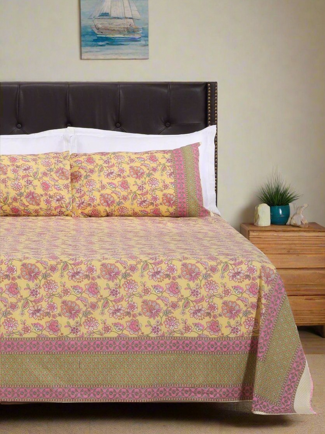 

SHAHENAZ Yellow Floral 120 TC Queen Bedsheet with 2 Pillow Covers