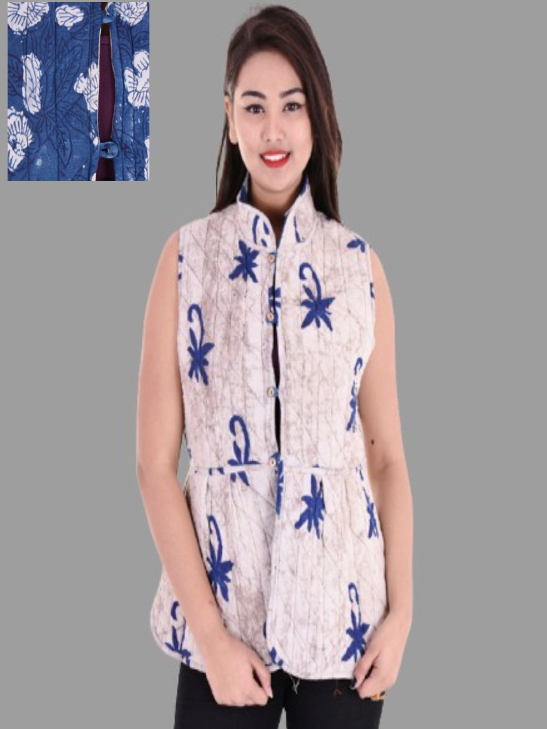 

Apratim Women Floral Reversible Longline Tailored Jacket with Embroidered, Blue