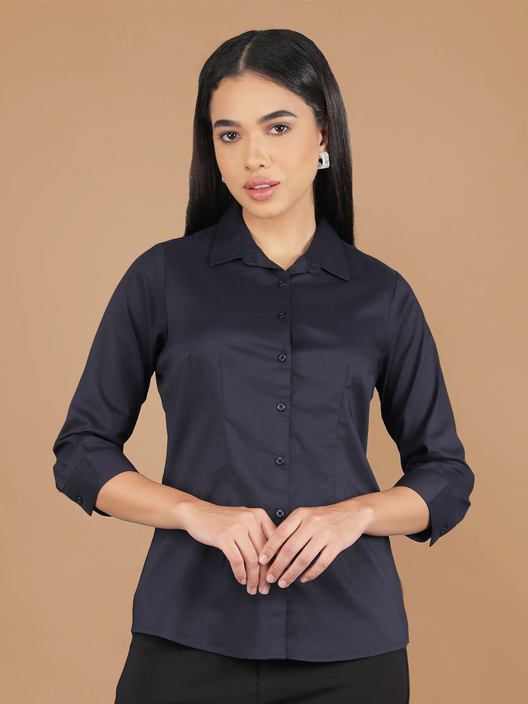 

Crimsoune Club Women Classic Spread Collar Solid Cotton Slim Fit Casual Shirt, Navy blue