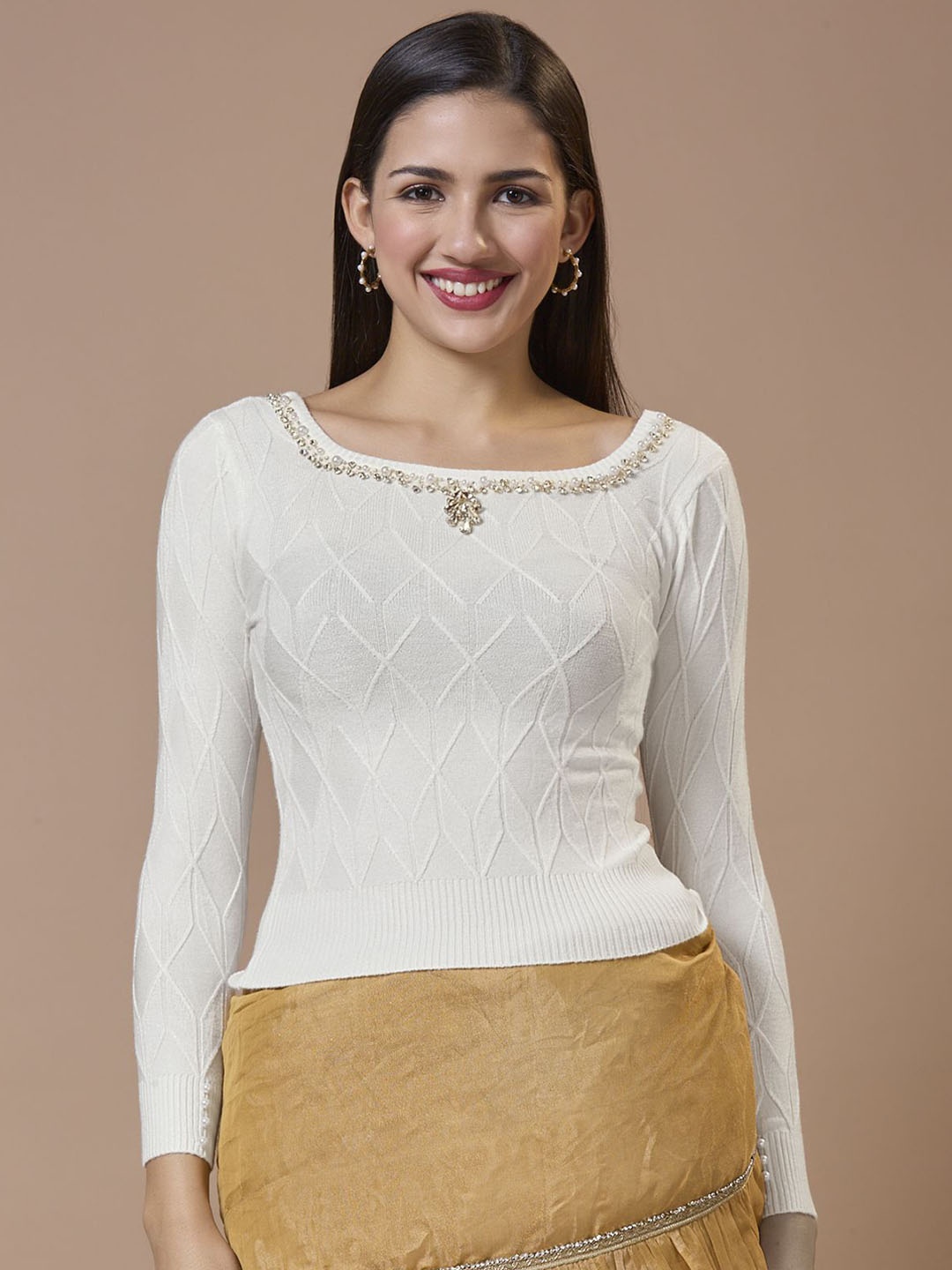 

SALWAR STUDIO Embroidered Round Neck Full Sleeve Ready-to-Wear Non-Padded Winter Blouse, White