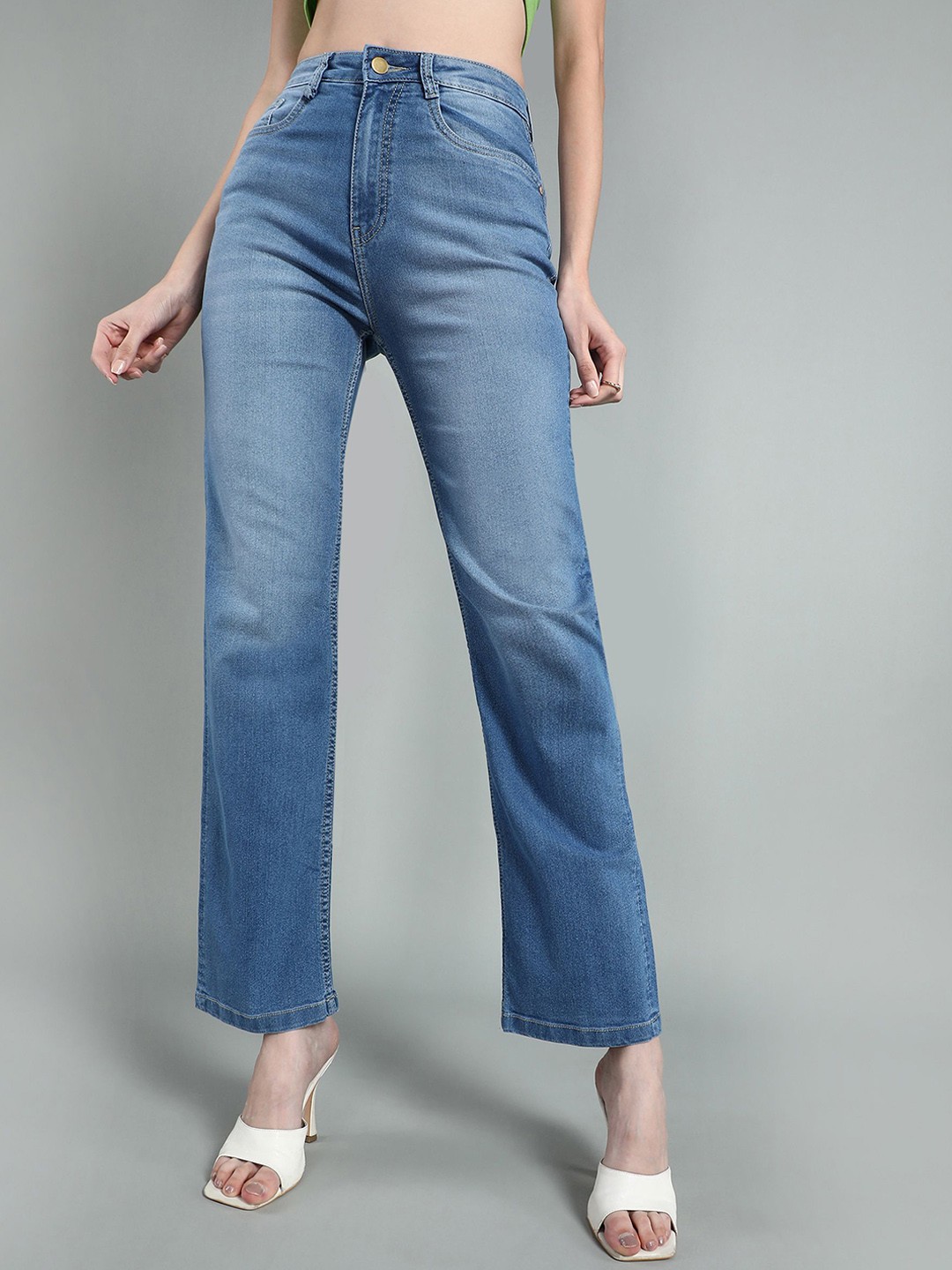 

GUTI Women Straight Fit High-Rise Low Distress Light Fade Stretchable Jeans, Blue