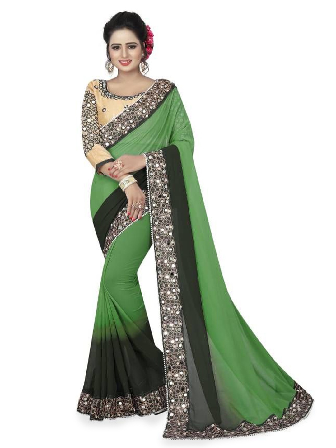 

Shiroya Brothers Colourblocked Mirror Work Pure Georgette Designer Saree, Green