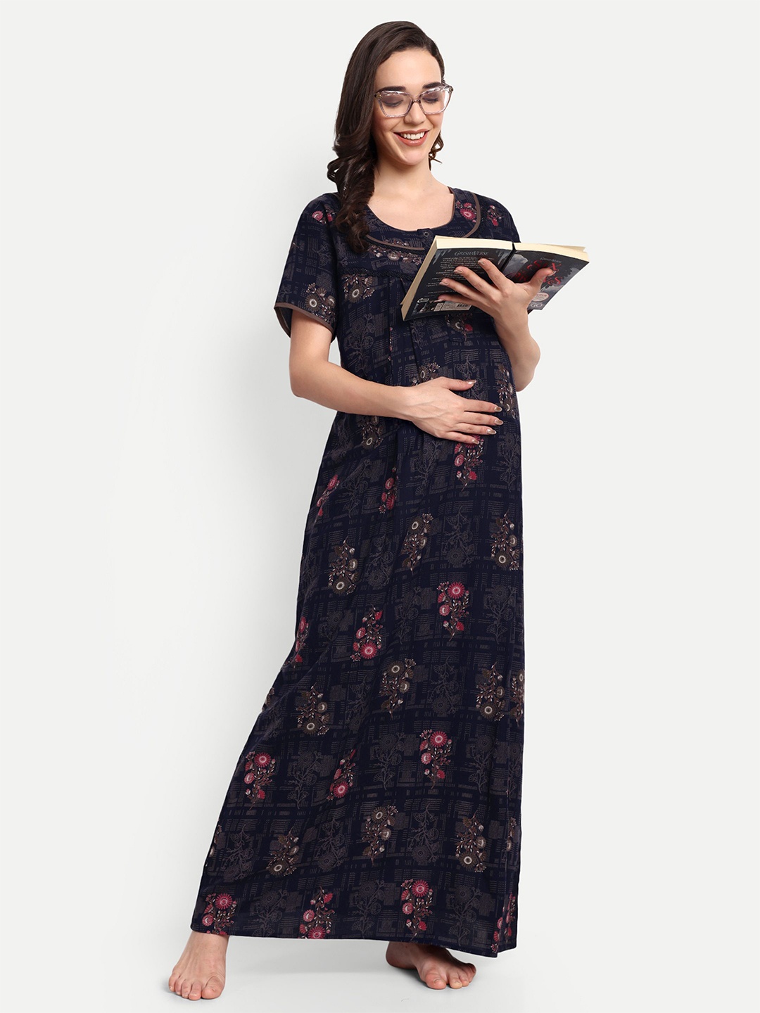 

THE MAMA KLUB Printed Maxi Nightdress, Navy blue