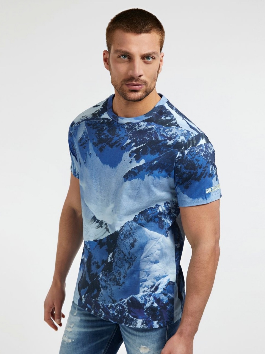 

GUESS Men Printed Pure Cotton Applique T-shirt, Blue