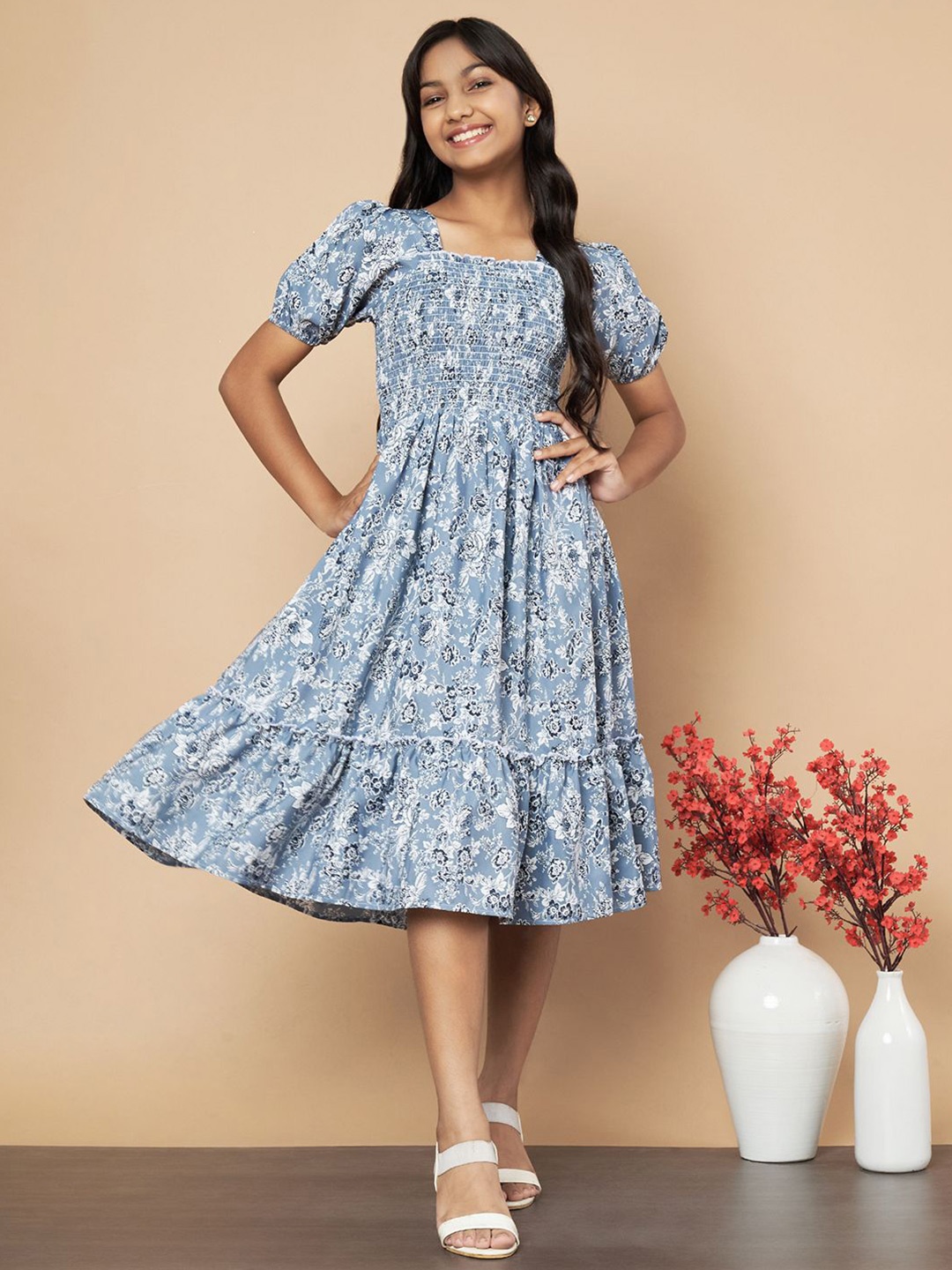 

OTABU Floral Print Puff Sleeve A-Line Midi Dress, Navy blue