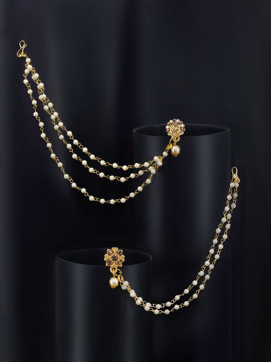 

PRIVIU Set of 2 Gold-Plated Stone Studded and Beads Chained Nosepin