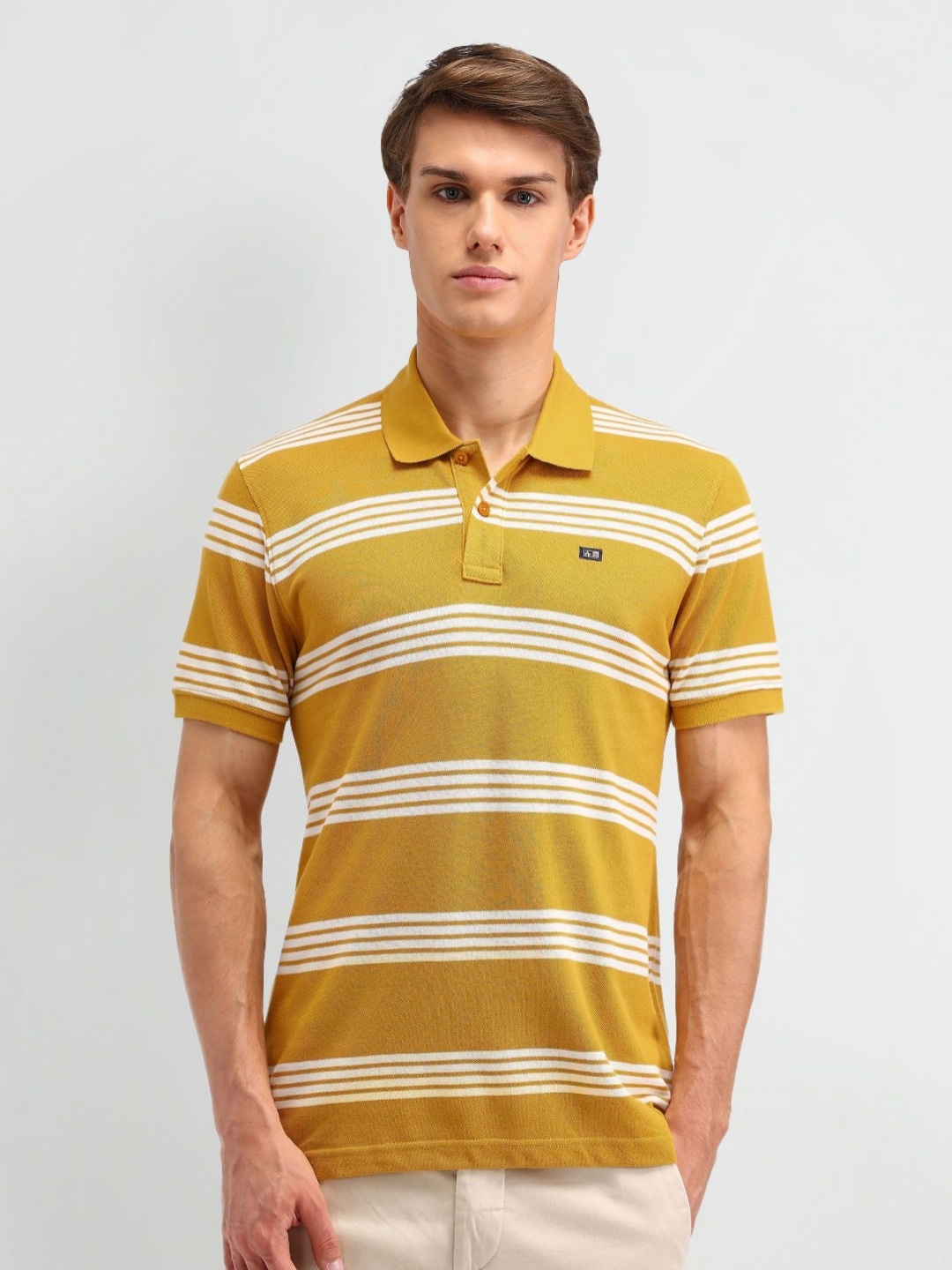 

Arrow Sport Men Striped Polo Collar Applique T-shirt, Orange
