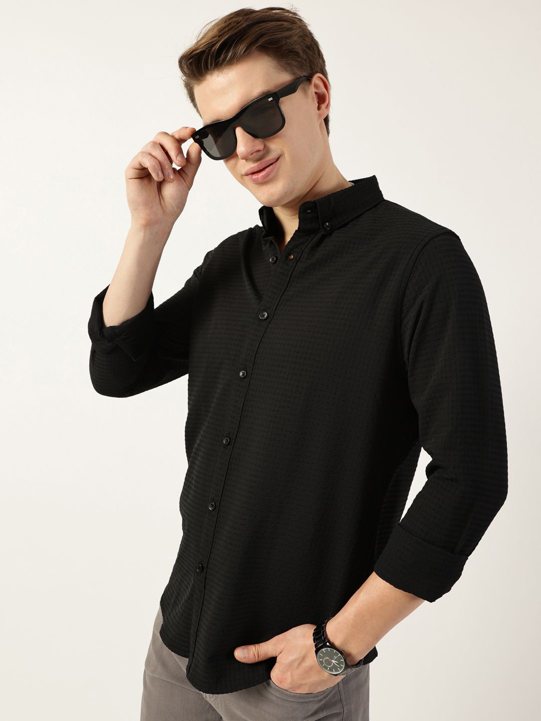 

Thomas Scott Men Smart Button-Down Collar Textured Solid Slim Fit Casual Shirt, Black