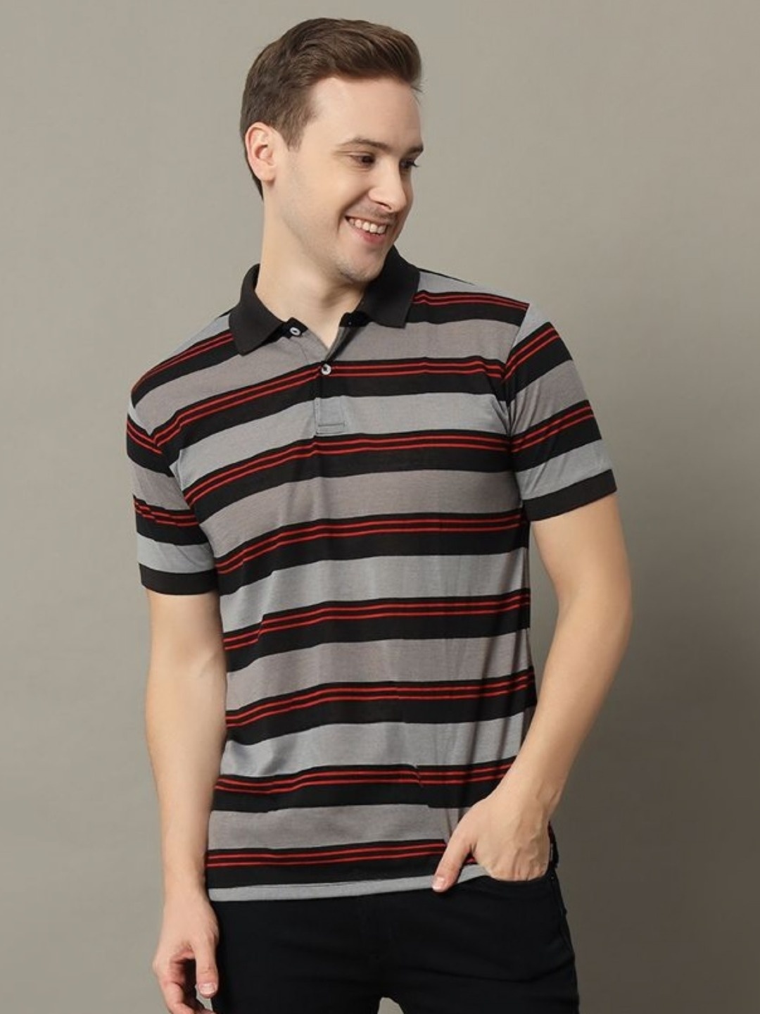 

GET GOLF Men Striped Polo Collar Cotton T-shirt, Black