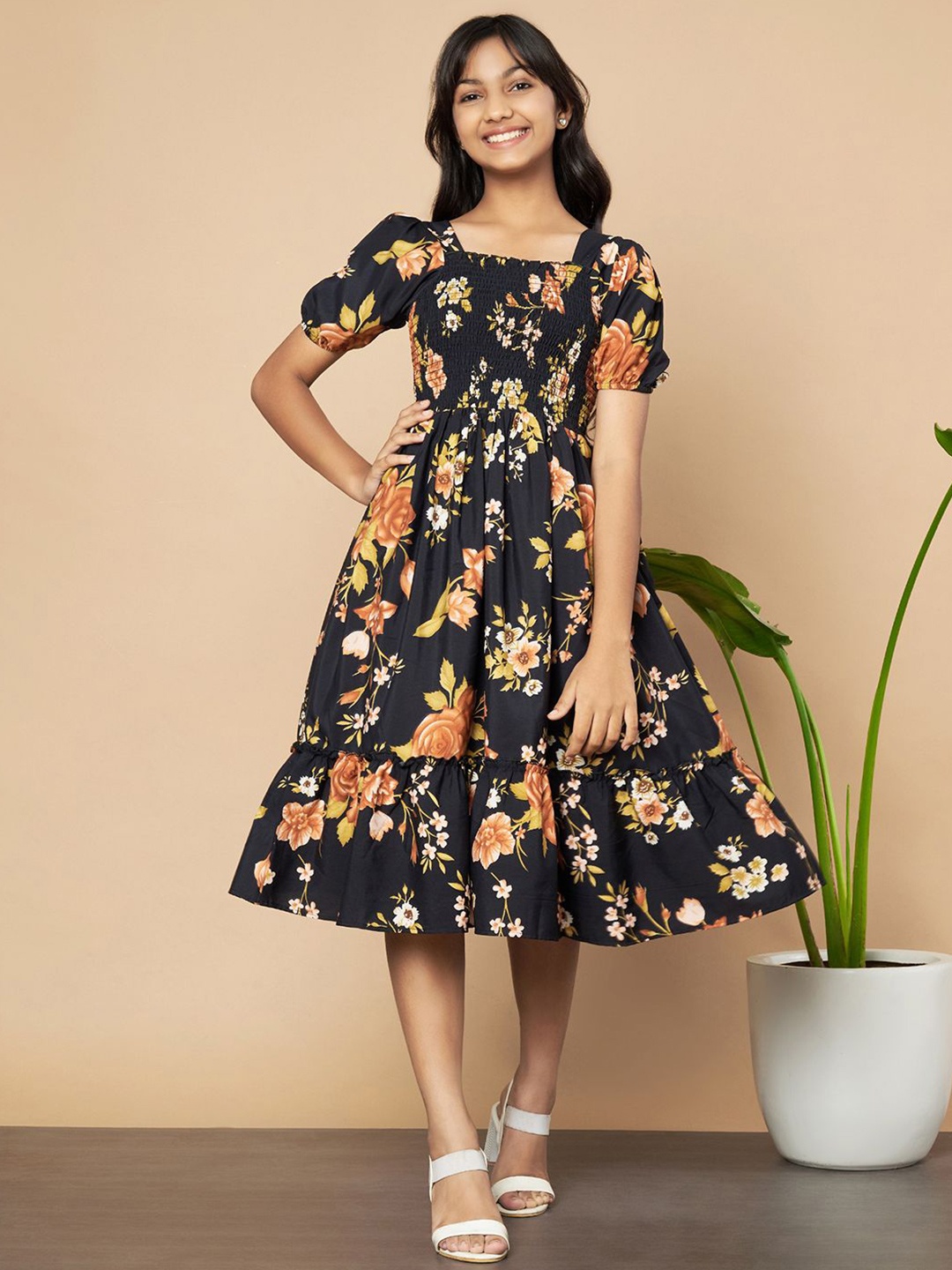

OTABU Floral Print Puff Sleeve A-Line Midi Dress, Gold