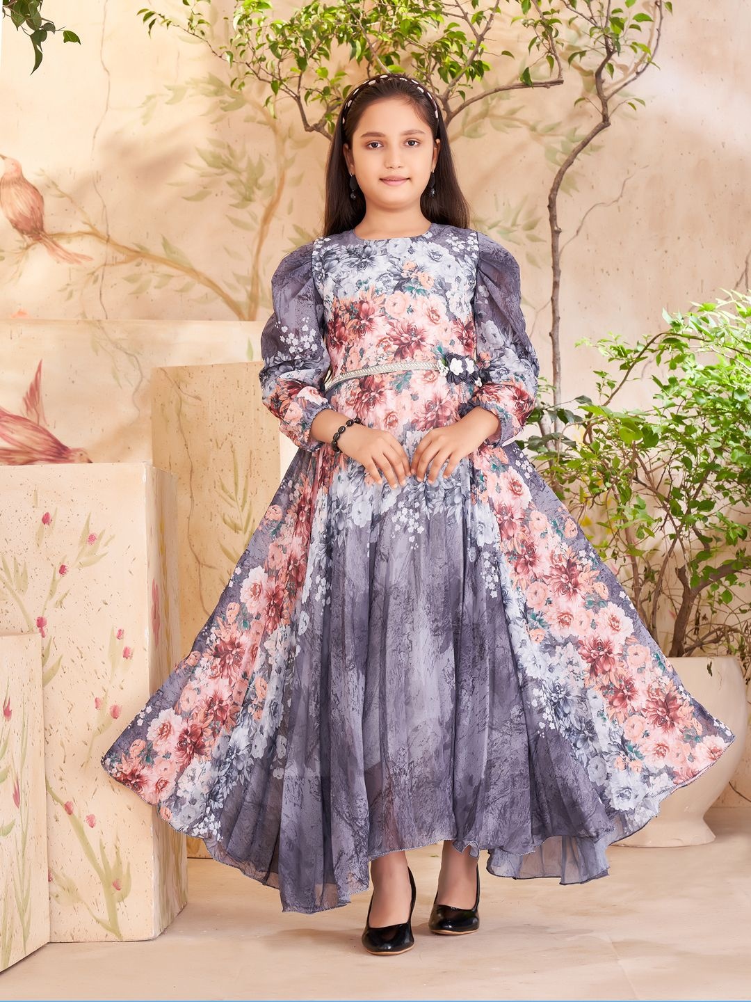 

HERE&NOW Floral Print Georgette Fit & Flare Midi Dress, Peach
