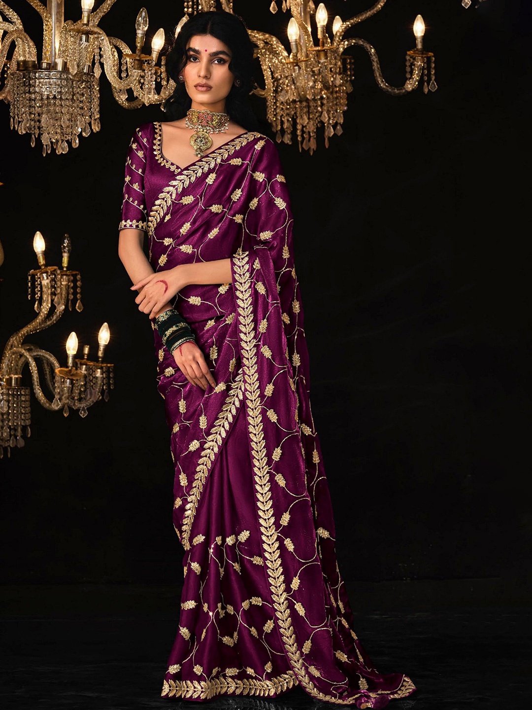 

MAHALASA Floral Embroidered Tissue Saree, Purple