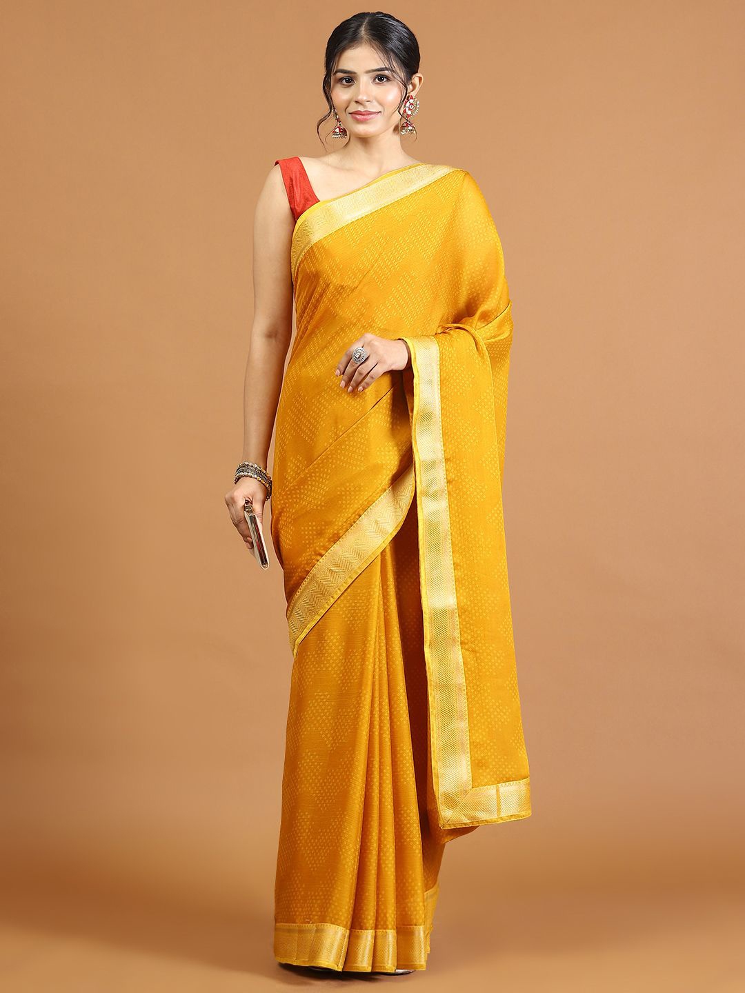 

Meena Bazaar Women Bandhani Printed Poly Chiffon Saree, Mustard