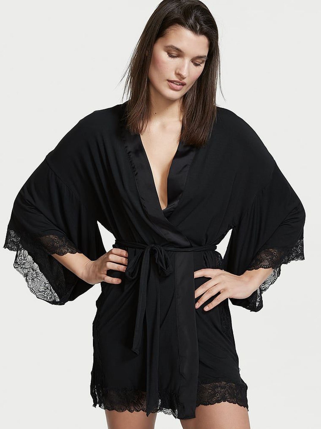 

Victoria's Secret Lace-Trim Robe With Belt, Black