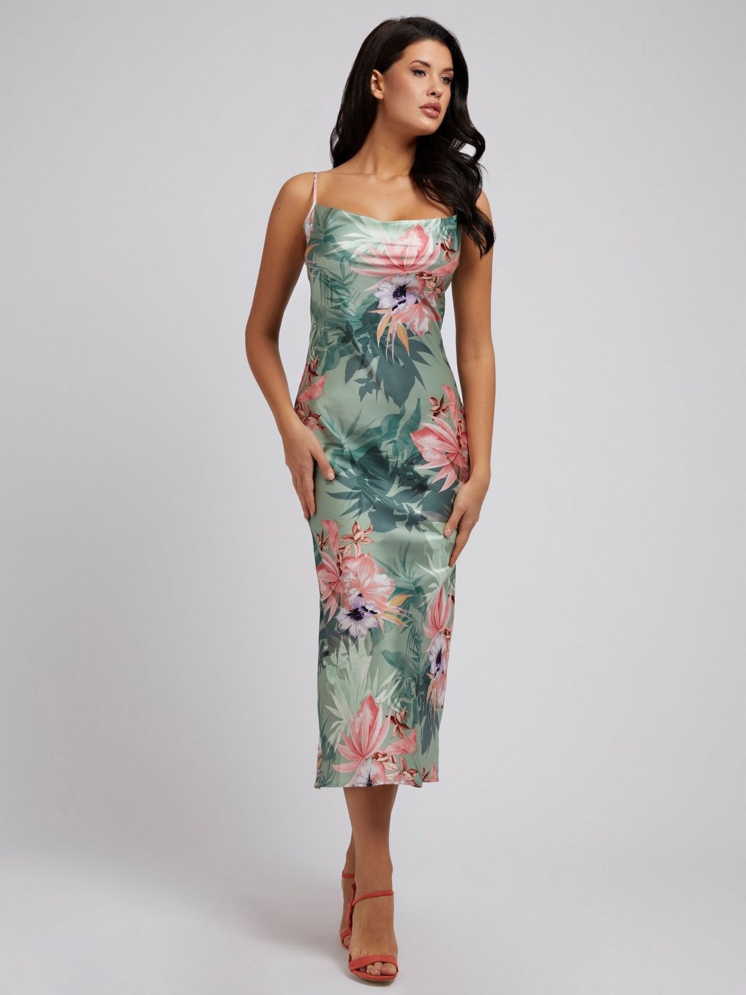 

GUESS Floral Print Cowl Neck A-Line Midi Dress, Green