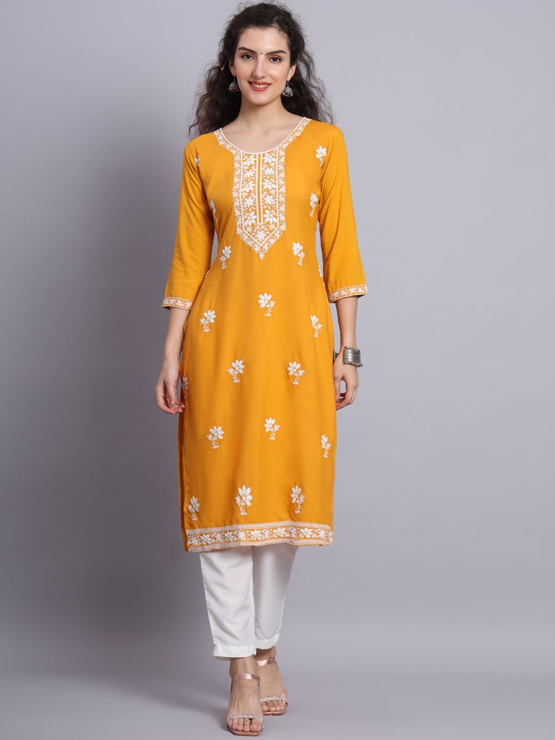 

HERE&NOW Women Floral Embroidered Thread Work Kurta, Yellow