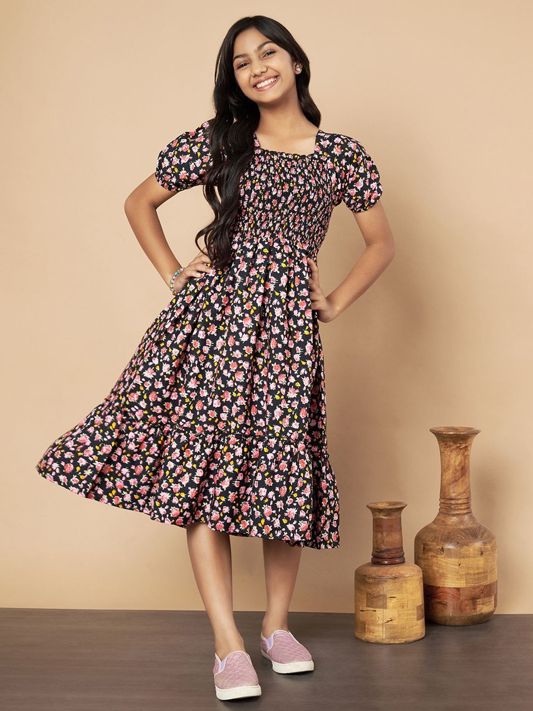 

OTABU Floral Print Puff Sleeve A-Line Midi Dress, Black