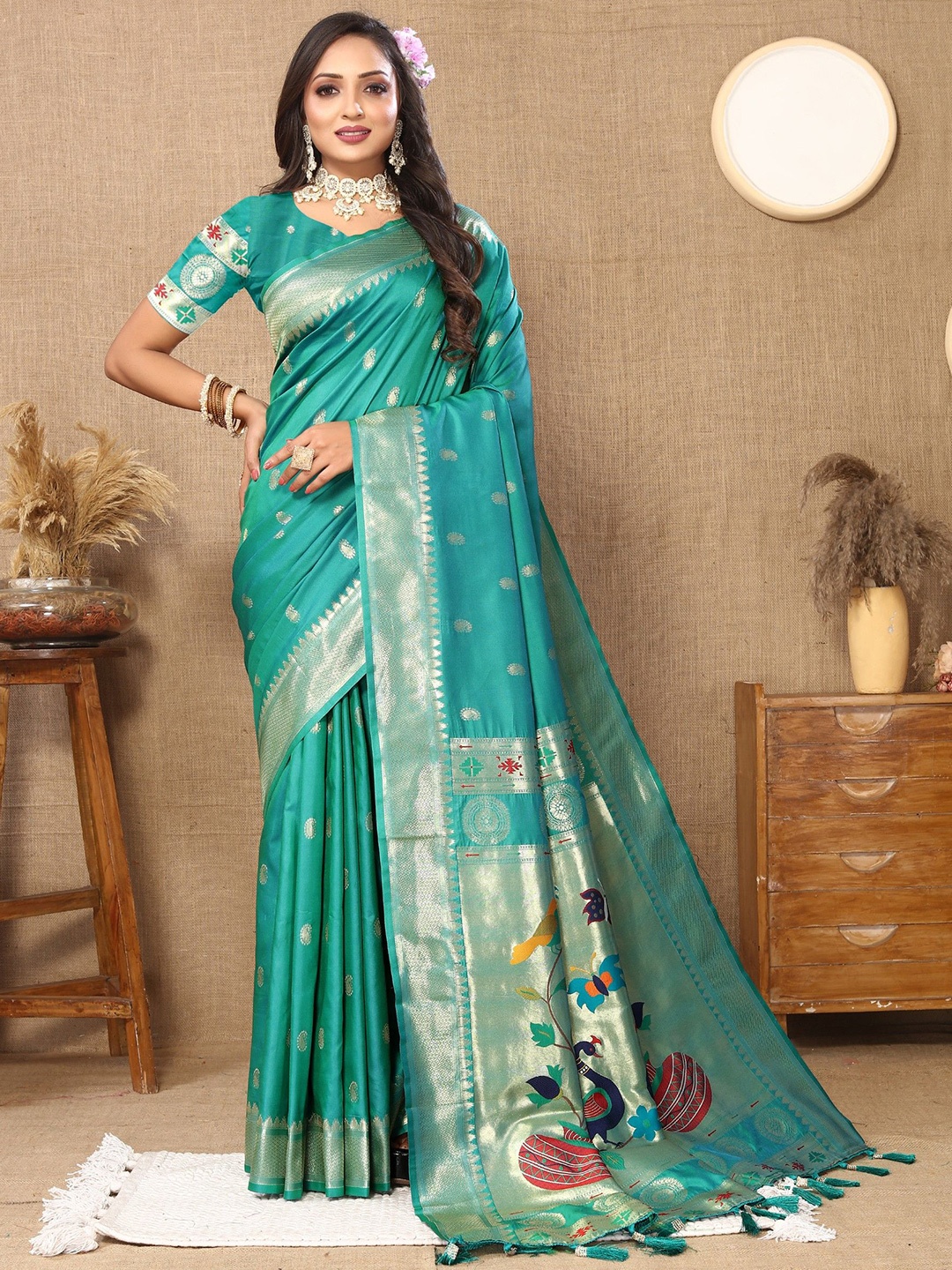 

Anaita Woven Design Zari Silk Blend Paithani Saree, Sea green