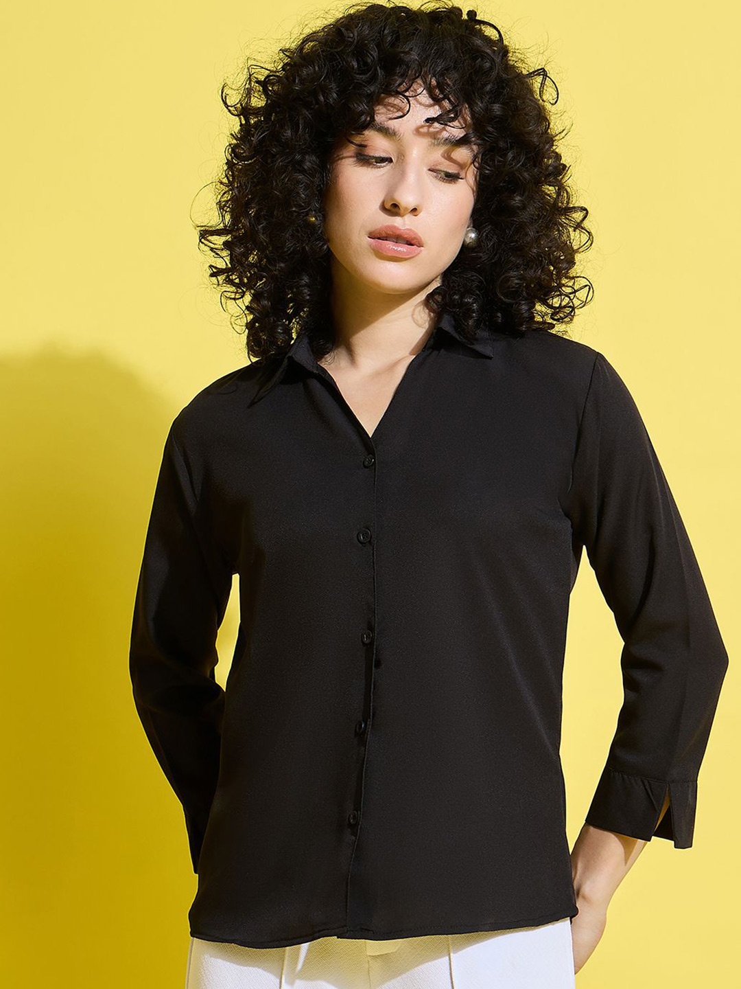 

BUY NEW TREND Women Standard Spread Collar Solid Formal Shirt, Black