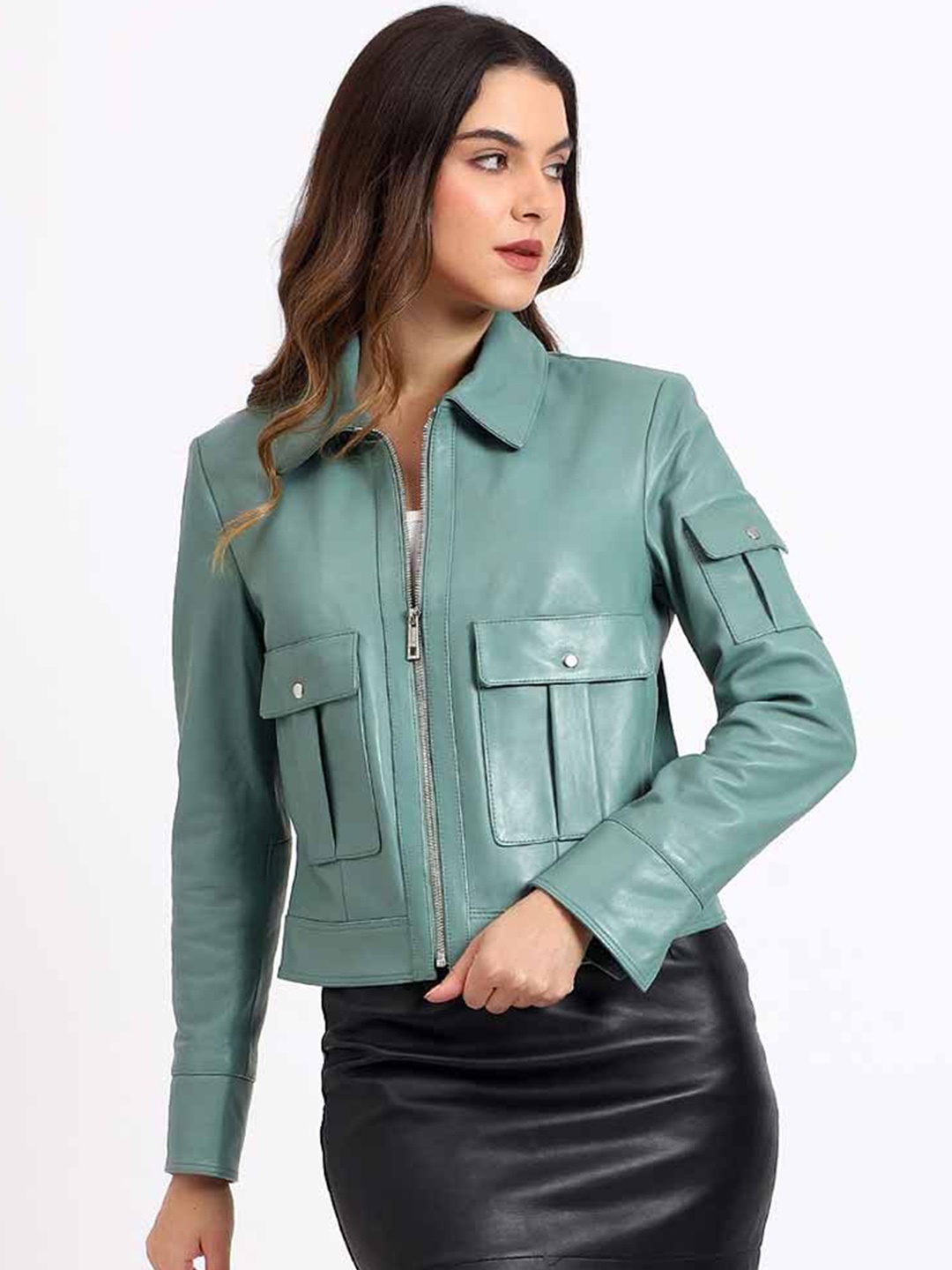 

Saint G Women Satin Water Resistant Leather Jacket with Patchwork, Green