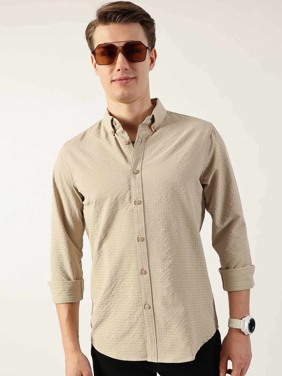 

Thomas Scott Men Smart Button-Down Collar Textured Solid Slim Fit Casual Shirt, Beige