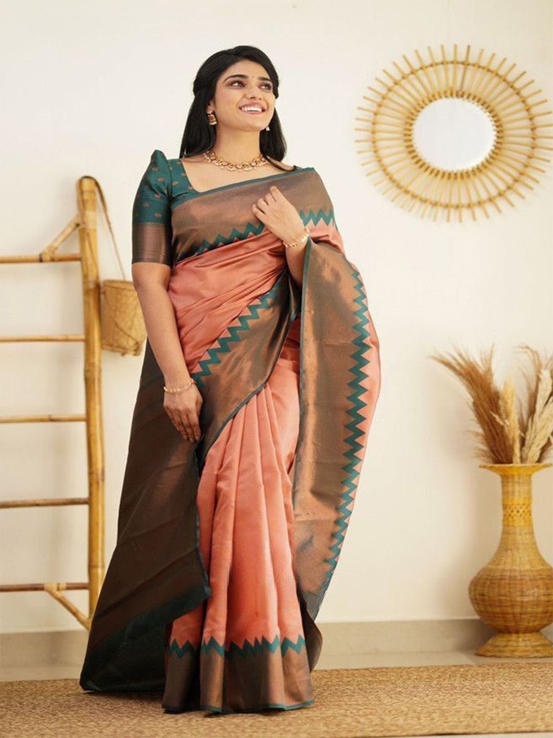 

Jinax Woven Design Zari Pure Silk Banarasi Saree, Peach