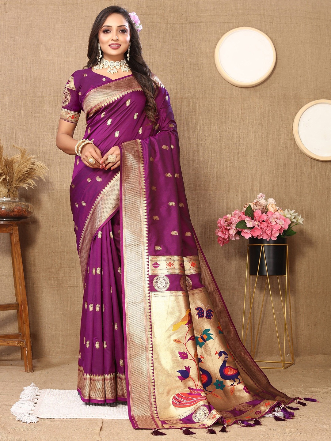 

Anaita Woven Design Zari Silk Blend Paithani Saree, Purple