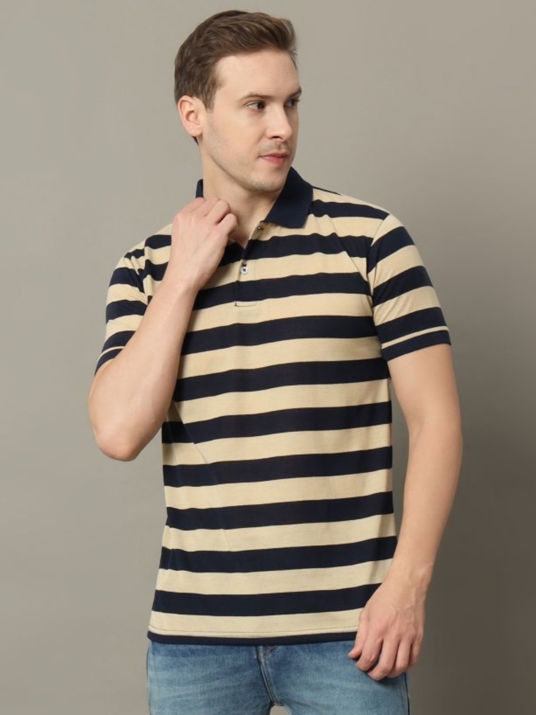 

GET GOLF Men Striped Polo Collar Cotton T-shirt, Beige