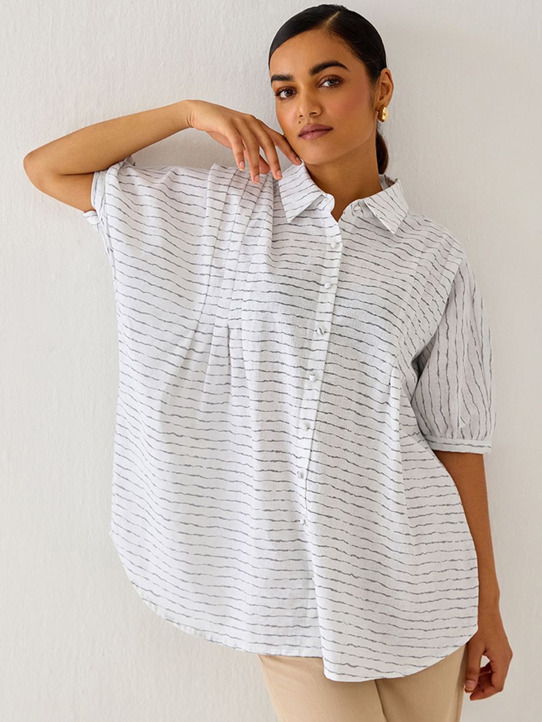 

Ancestry Women Spread Collar Horizontal Striped Oversized Casual Shirt, White