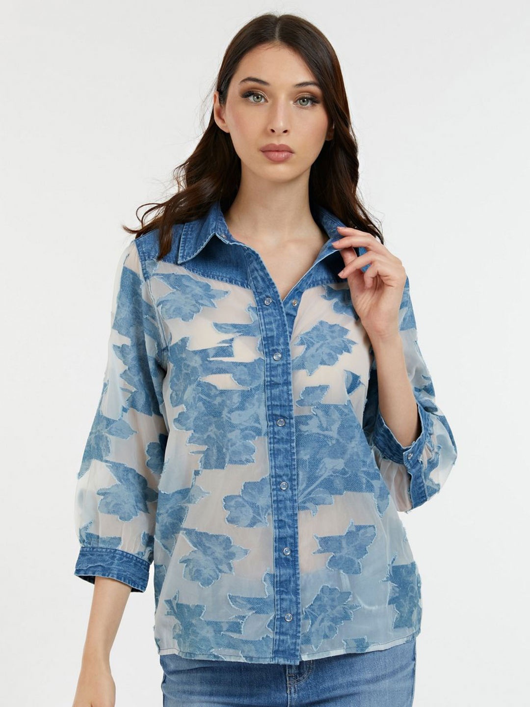 

GUESS Women Opaque Casual Shirt, Blue