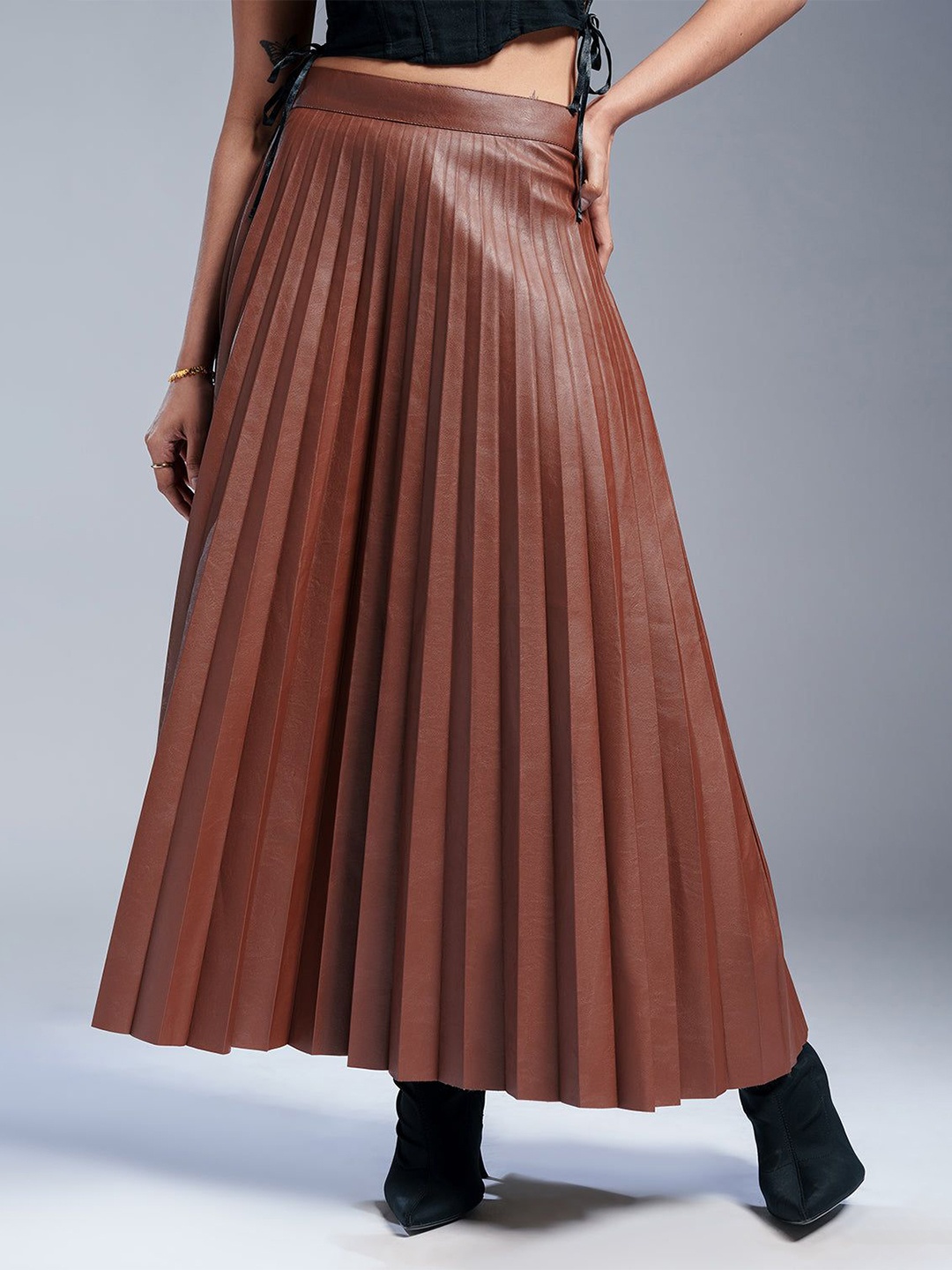 

FREAKINS Leather Flared Maxi Skirt, Brown