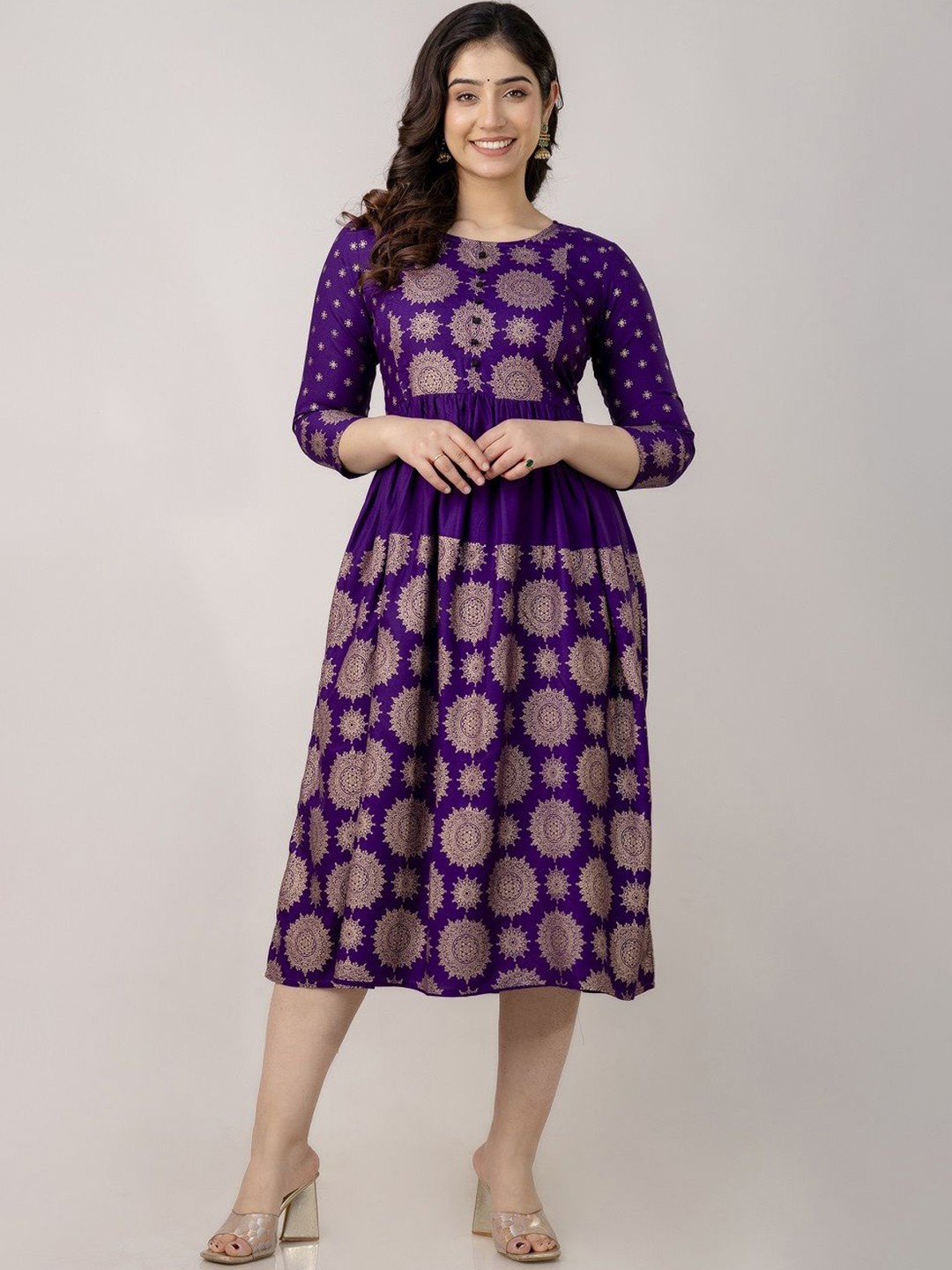 

SUNEKH Ethnic Motifs Printed Fit and Flared Ethnic Dress, Purple