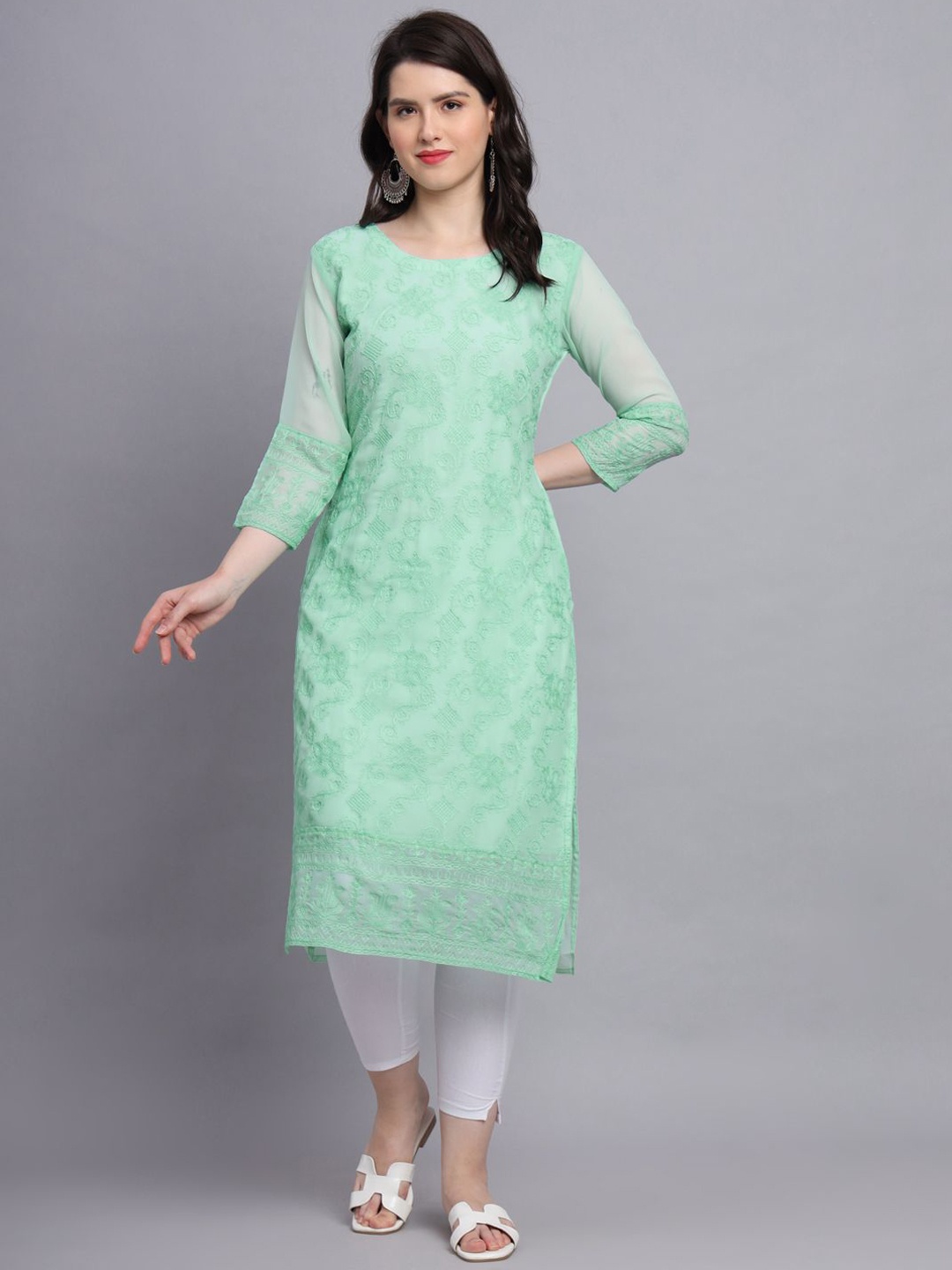 

HERE&NOW Women Floral Embroidered Thread Work Georgette Kurta, Fluorescent green