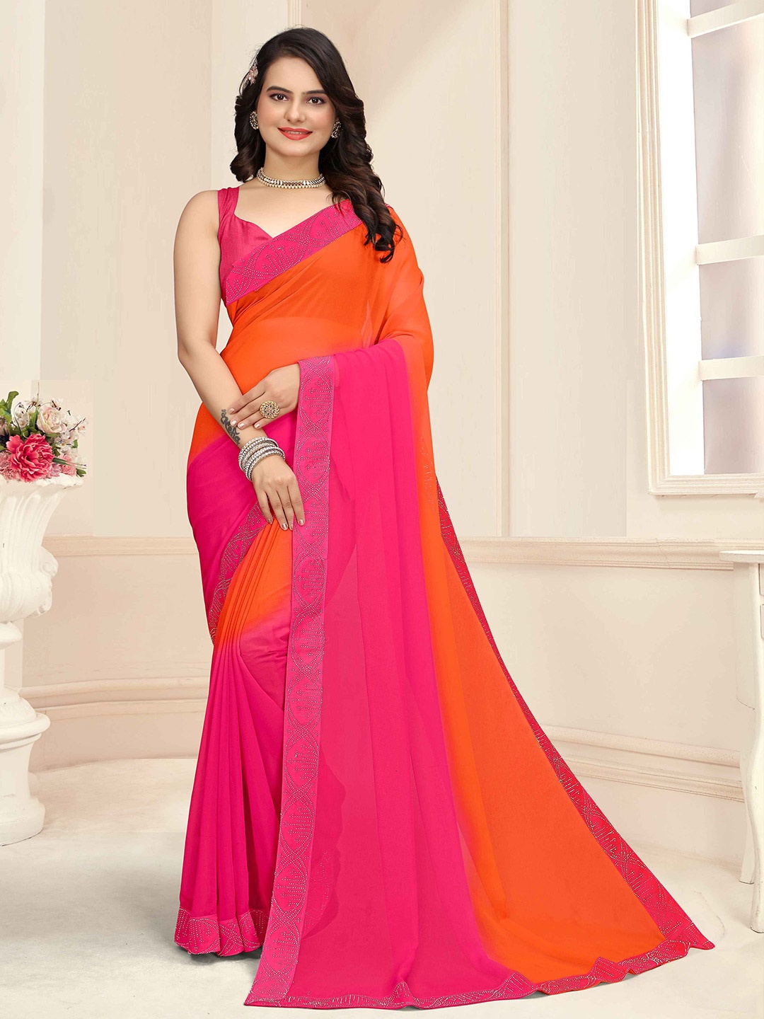 

Zeekha Ombre Beads and Stones Poly Georgette Heavy Work Saree, Pink
