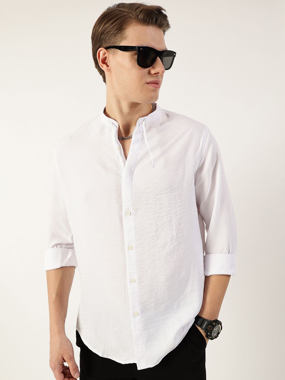 

Thomas Scott Men Classic Mandarin Collar Solid Slim Fit Casual Shirt, White