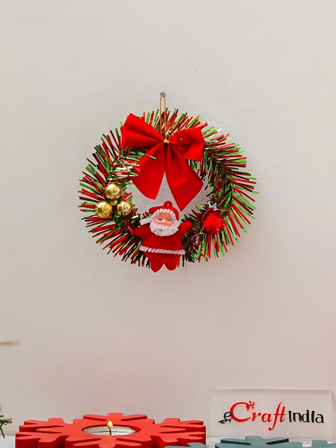 

eCraftIndia Santa Claus Ribbon Decorative Christmas Wreath, Red