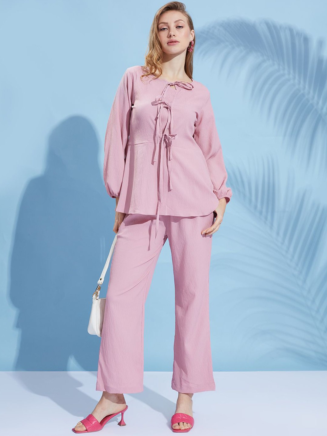 

DressBerry Pink Tie-Up Neck Top With Trouser
