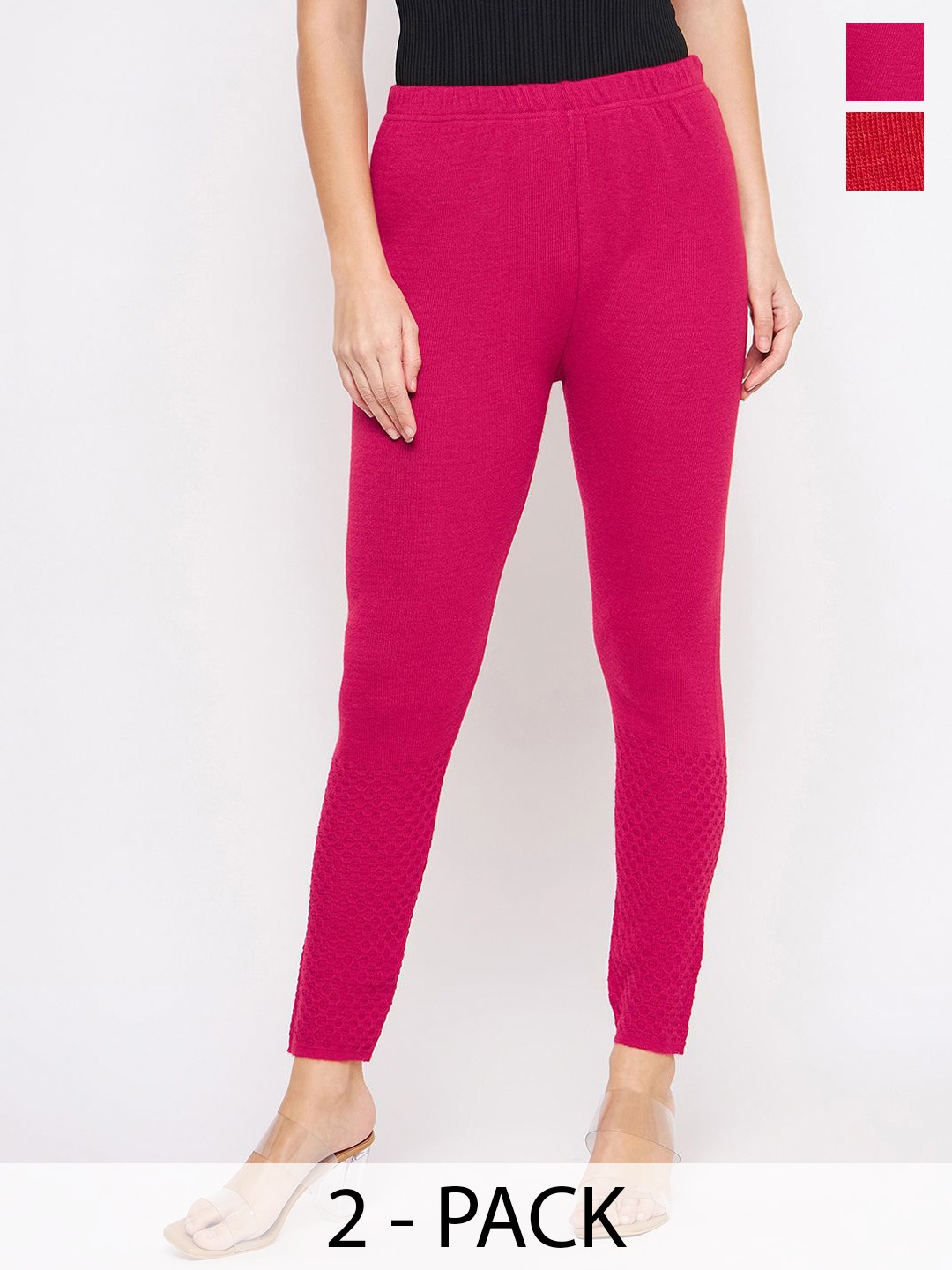 

Castle Lifestyle Pack Of 2 Hem Design Woolen Ankle-Length Leggings, Red