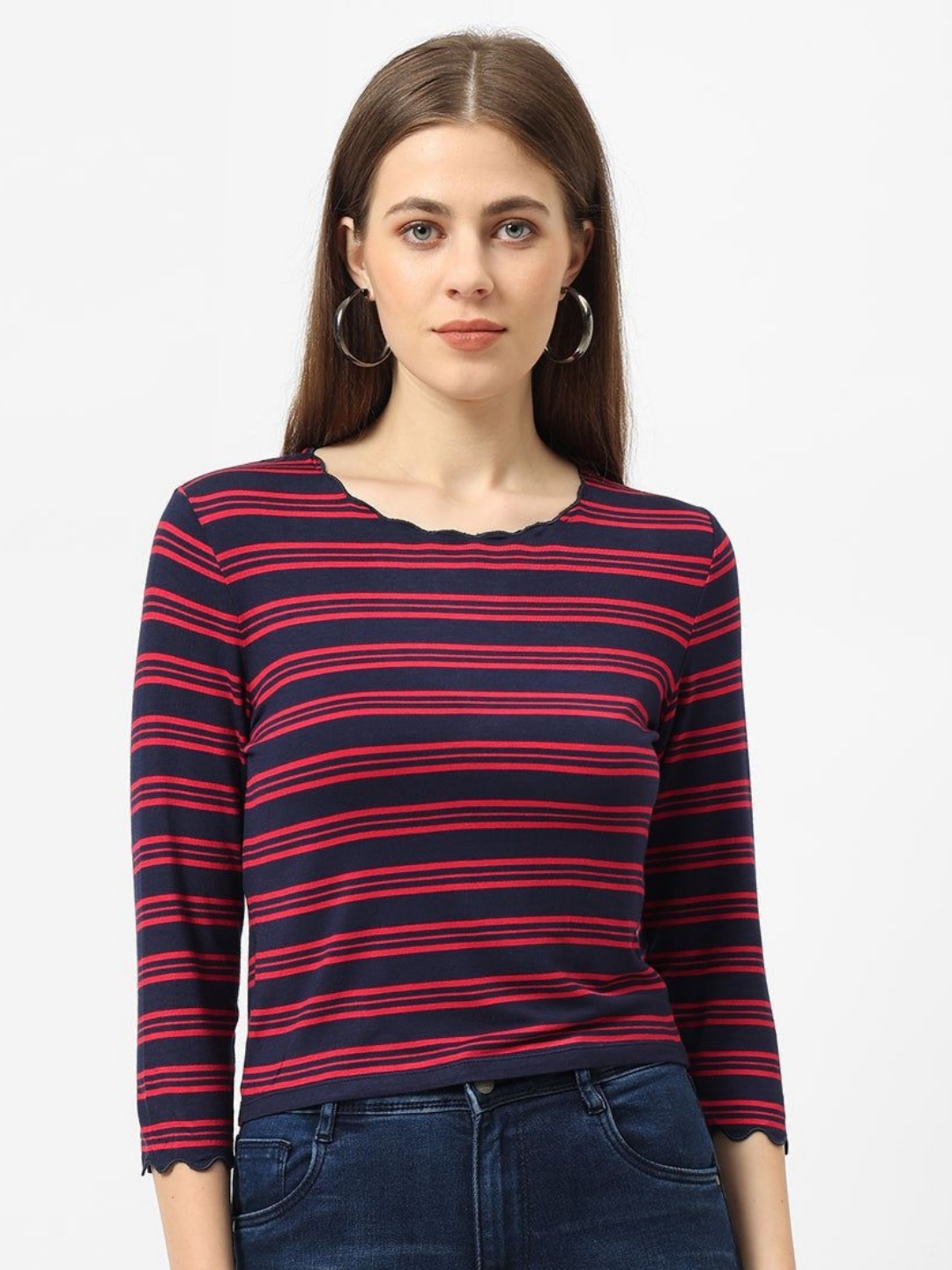 

Kraus Jeans Women Striped Pockets Slim Fit T-shirt, Navy blue