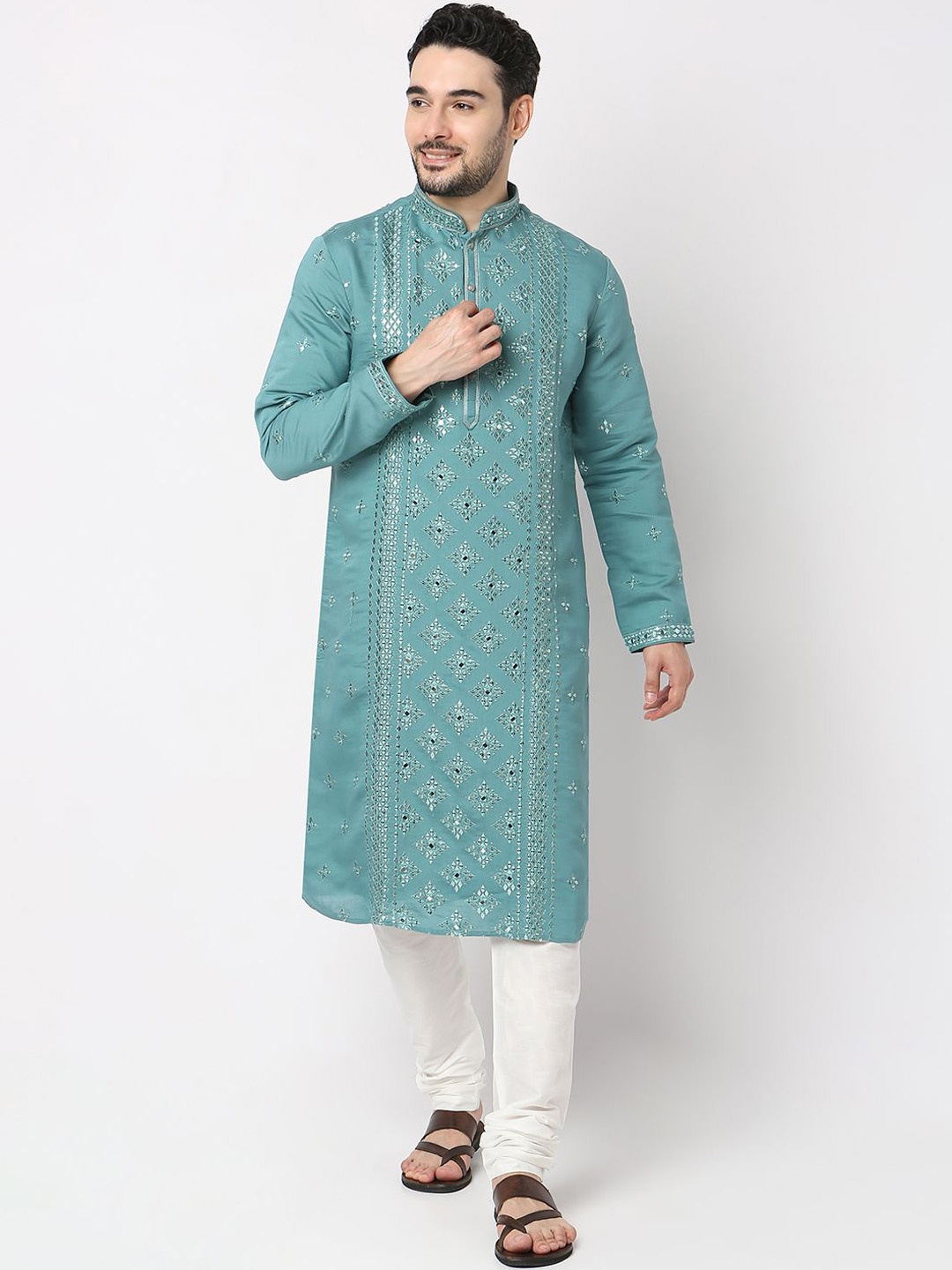 

Ethnicity Men Embroidered Regular Mirror Work Kurta with Pyjamas, Teal