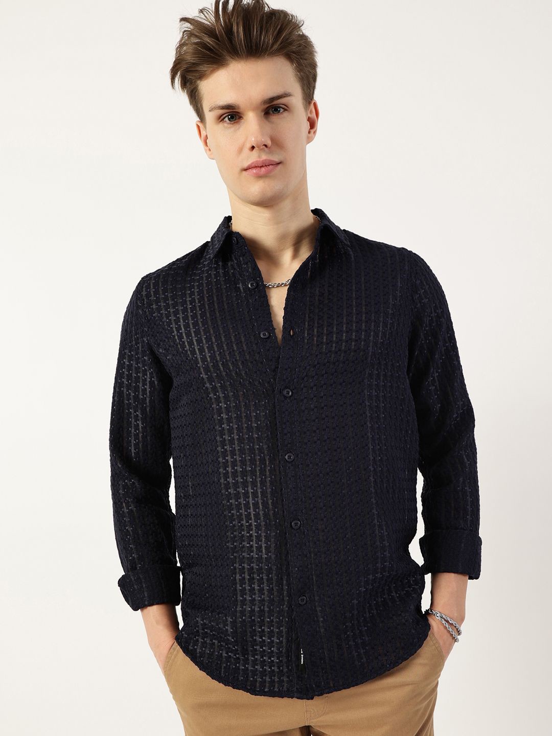 

Thomas Scott Men Premium Spread Collar Textured Solid Slim Fit Casual Shirt, Navy blue