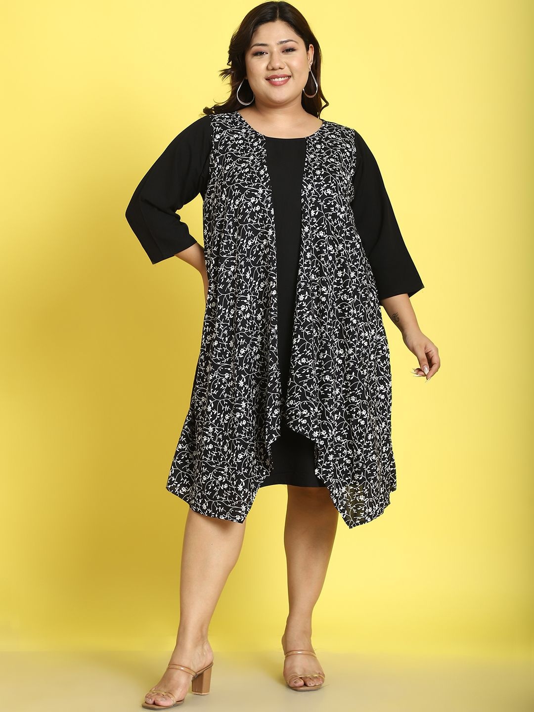 

theRebelinme Floral Print Layered A-Line Midi Dress, Black