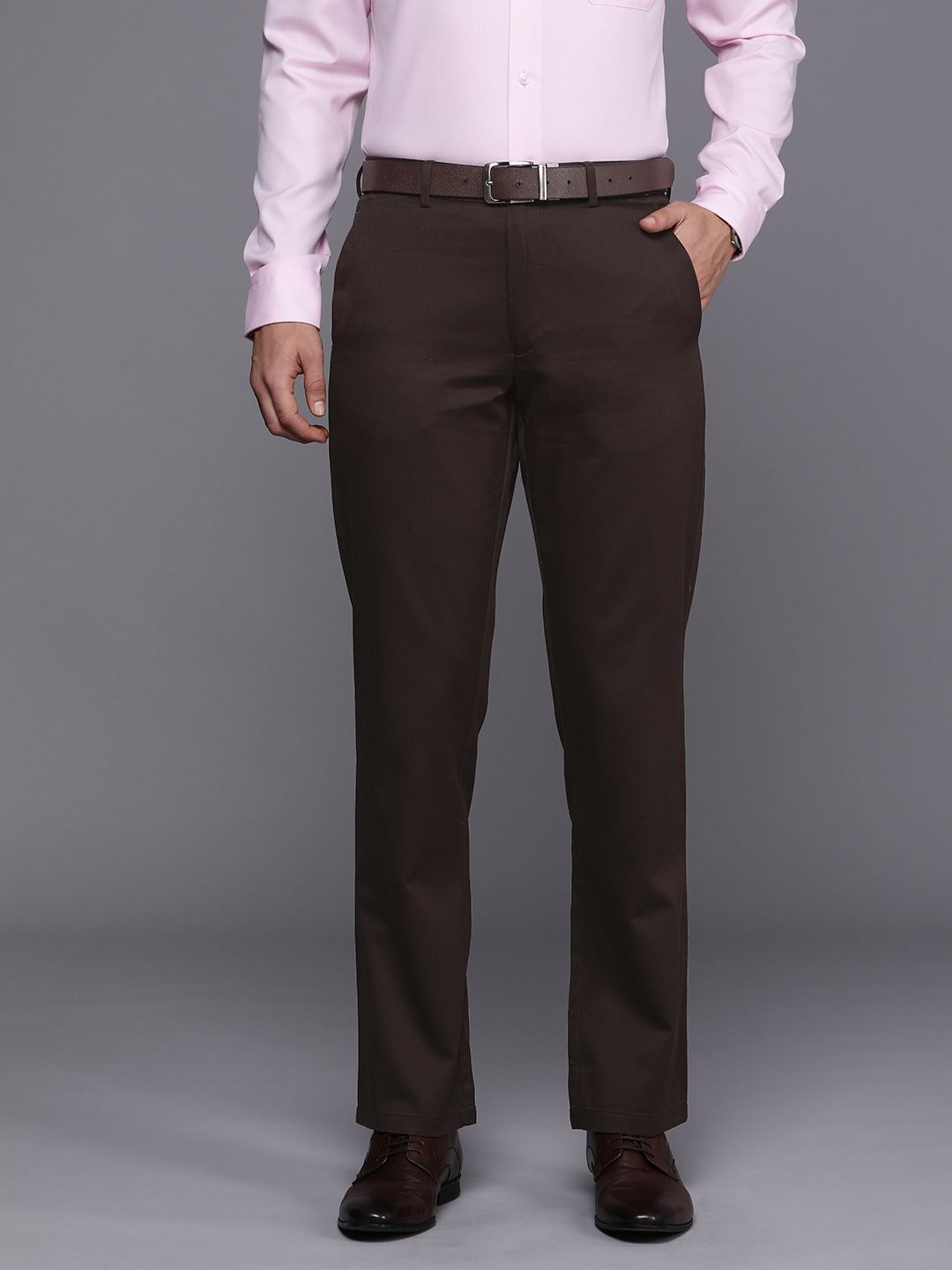 

Louis Philippe Men Pure Cotton Mid-Rise Formal Trousers, Coffee brown